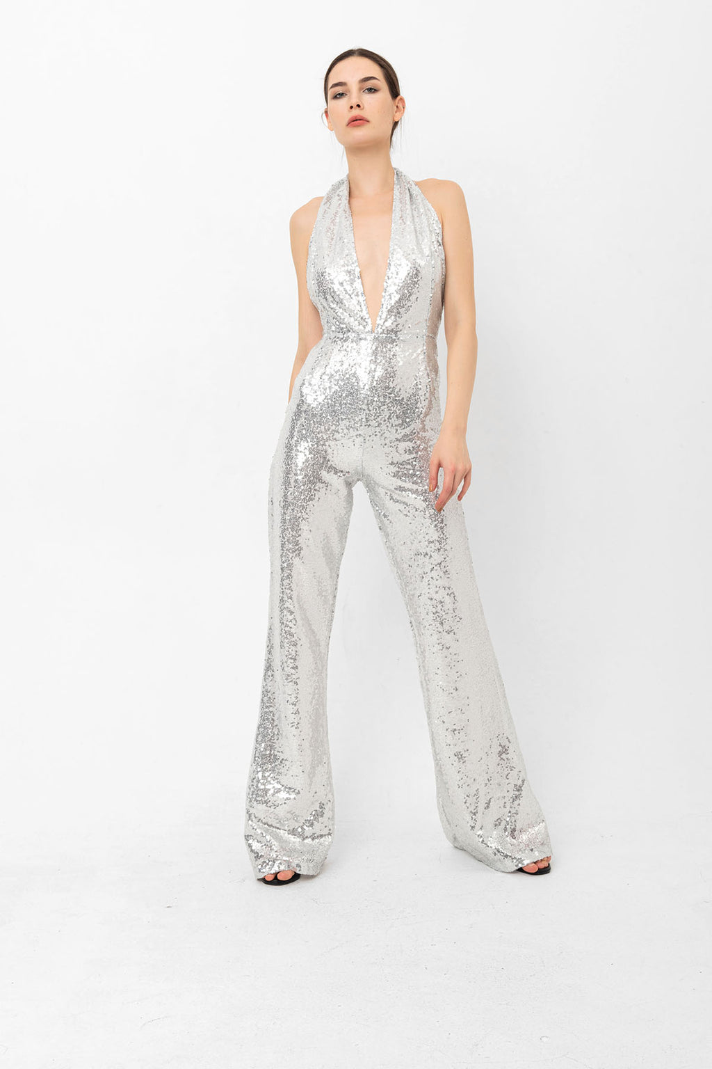 V Yaka Pul Payetli Gümüş Abiye Tulum