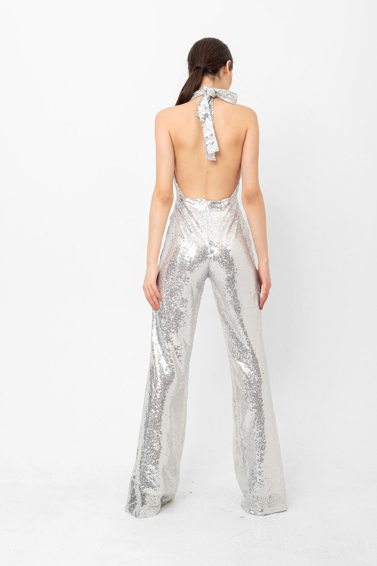 V Yaka Pul Payetli Gümüş Abiye Tulum