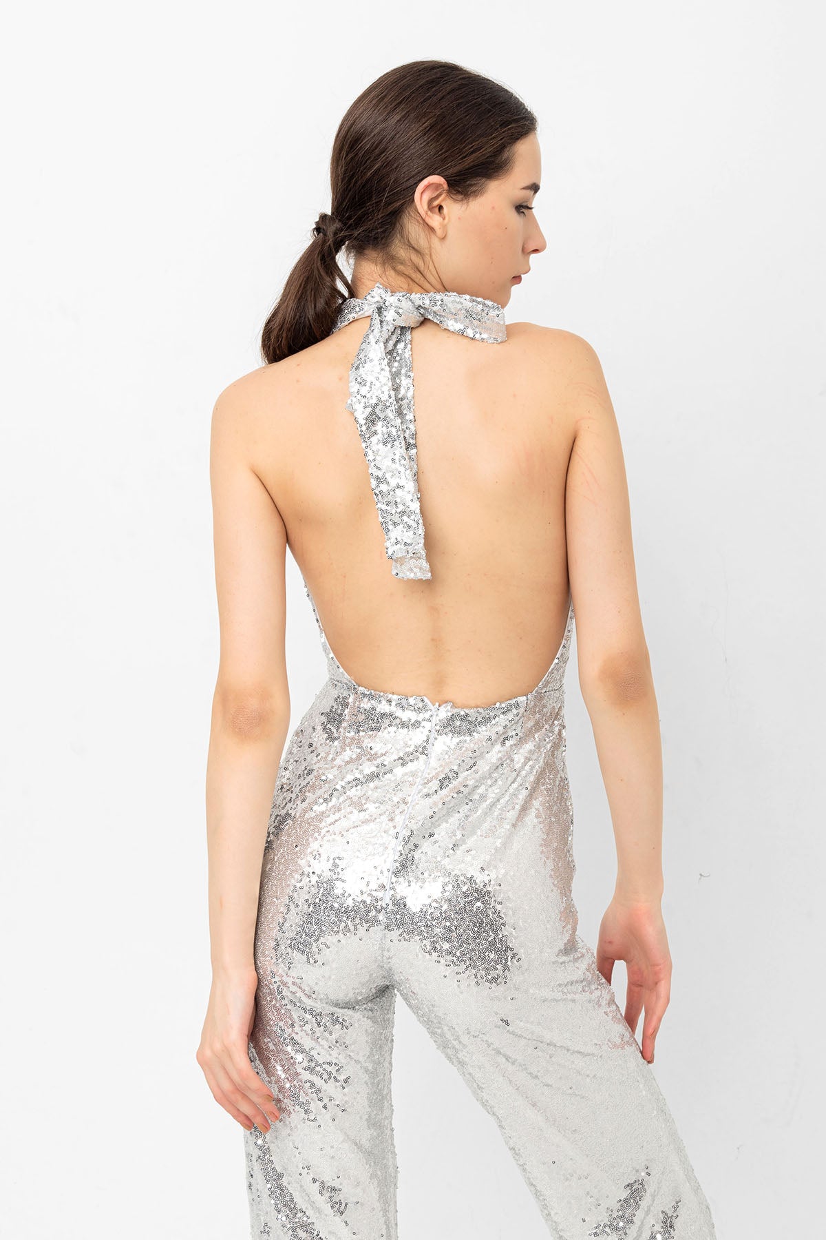 V Yaka Pul Payetli Gümüş Abiye Tulum