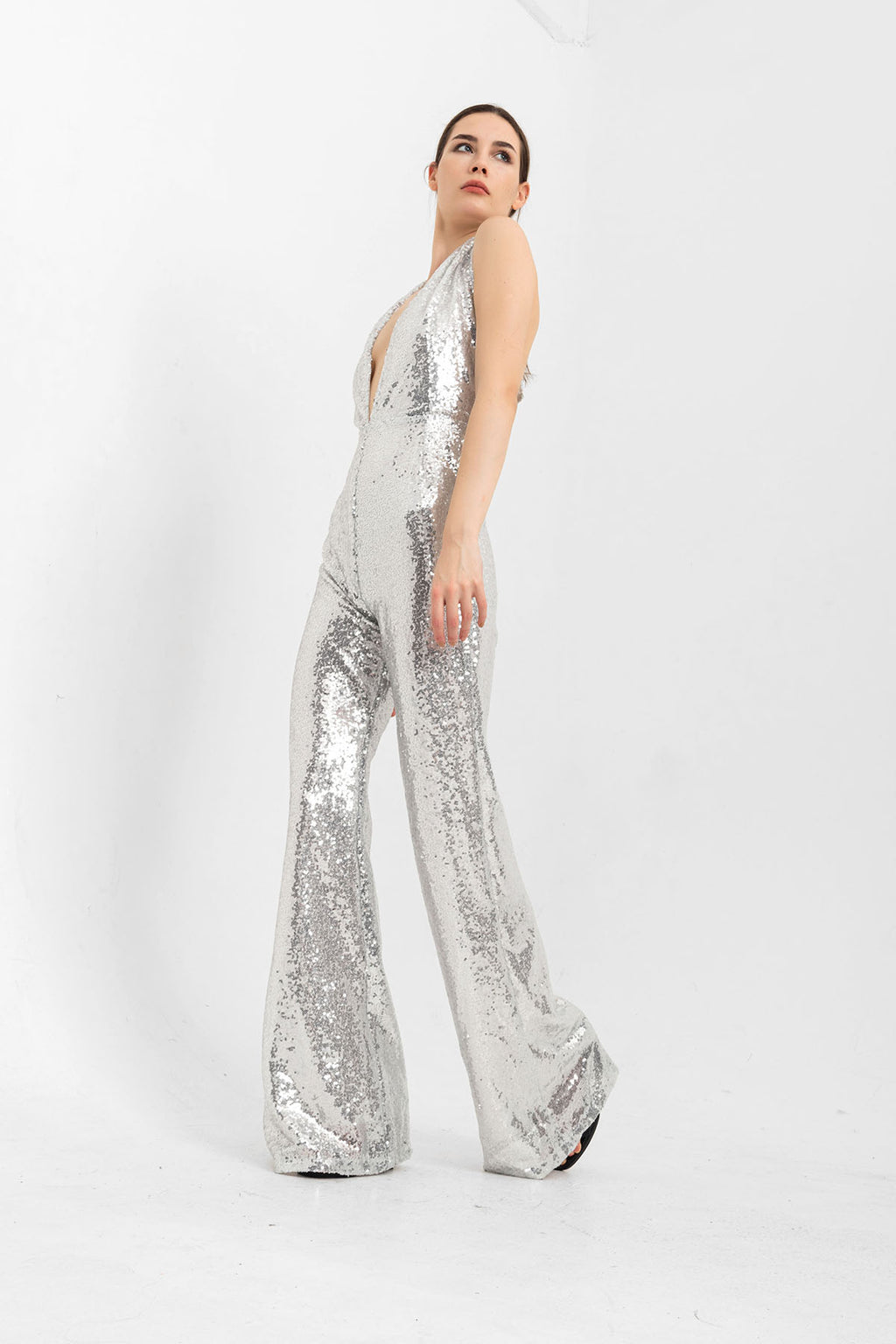 V Yaka Pul Payetli Gümüş Abiye Tulum