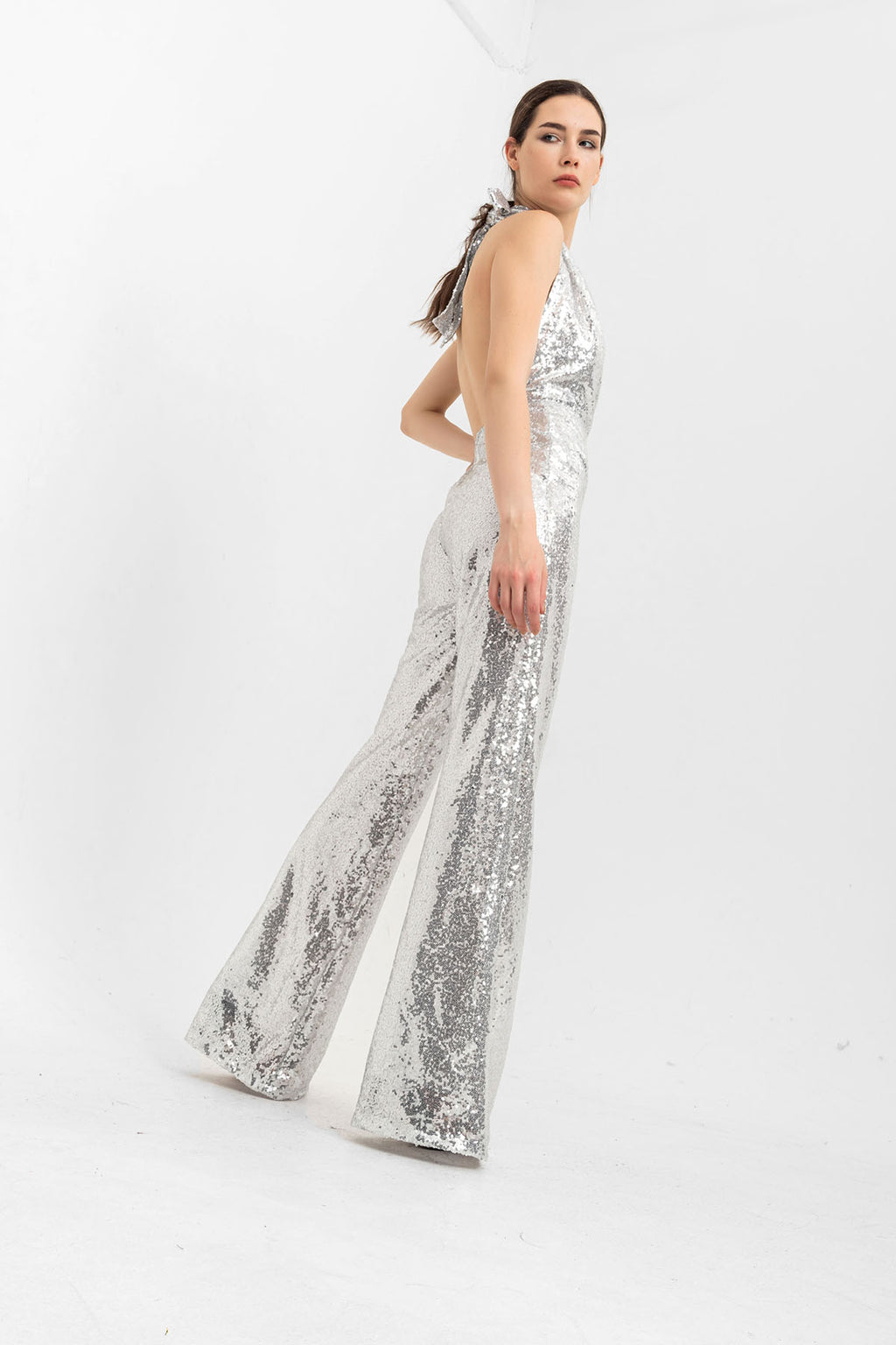 V Yaka Pul Payetli Gümüş Abiye Tulum