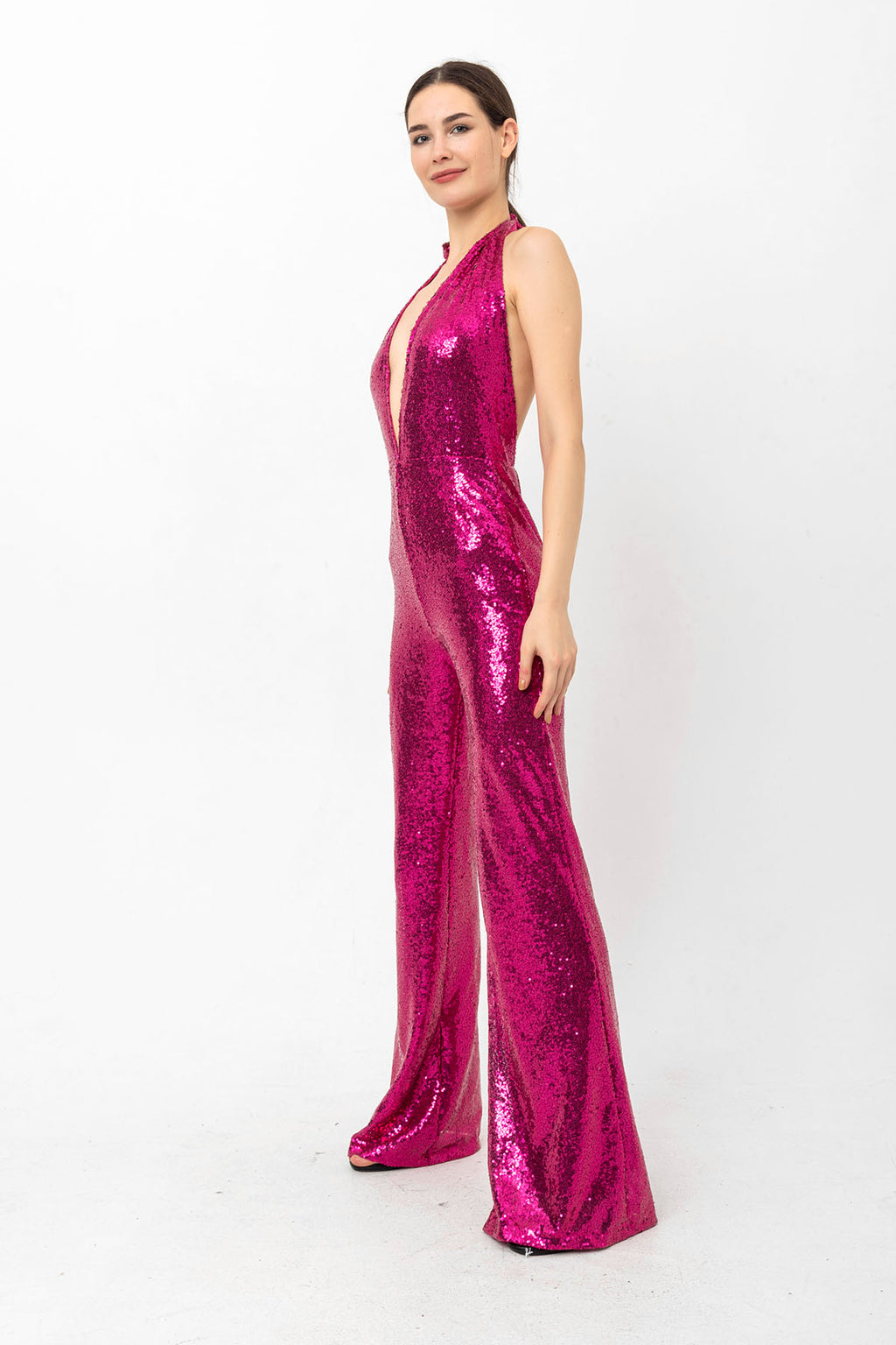 V Yaka Pul Payetli Fuşya Abiye Tulum