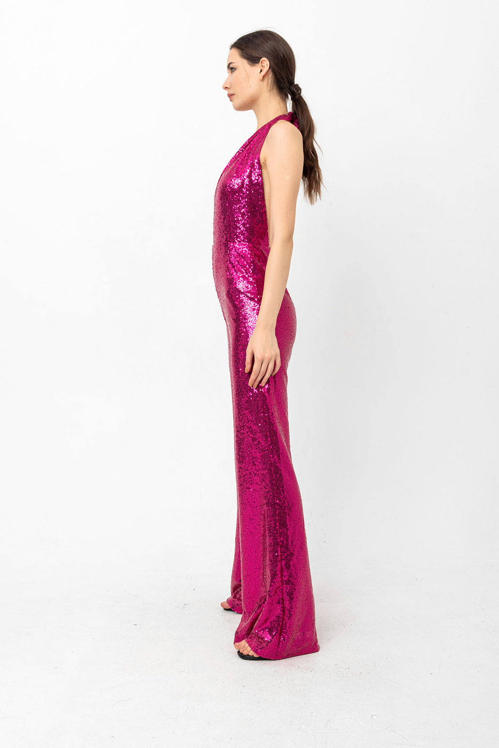 V Yaka Pul Payetli Fuşya Abiye Tulum