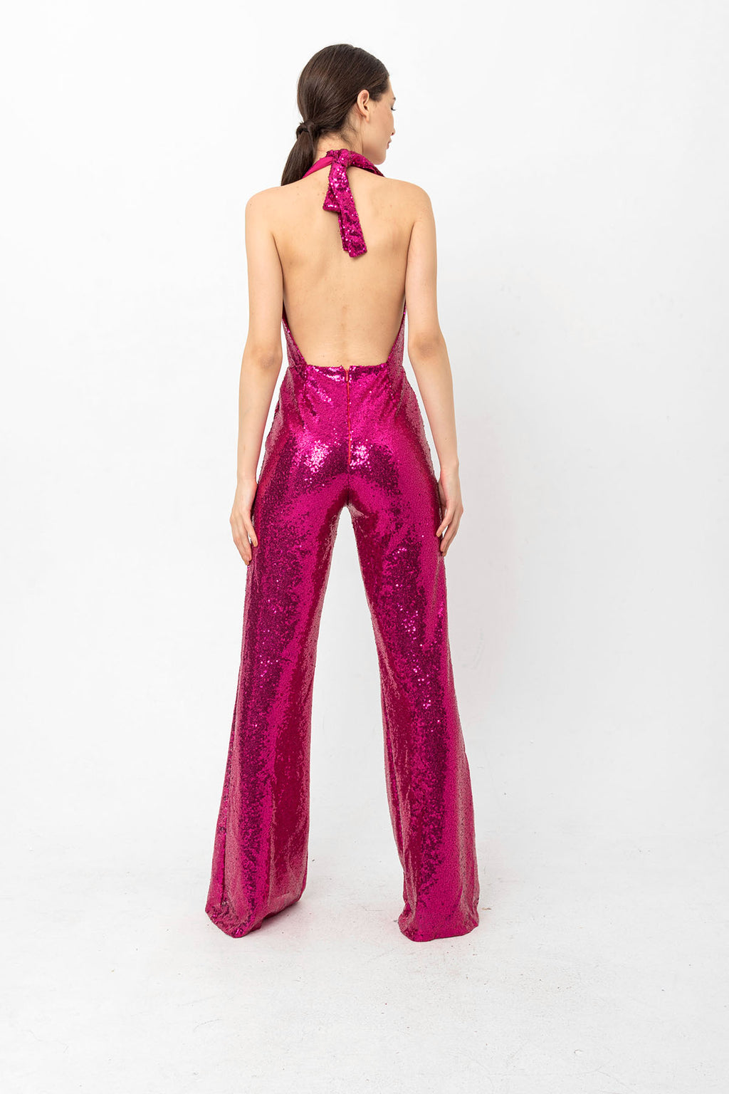 V Yaka Pul Payetli Fuşya Abiye Tulum