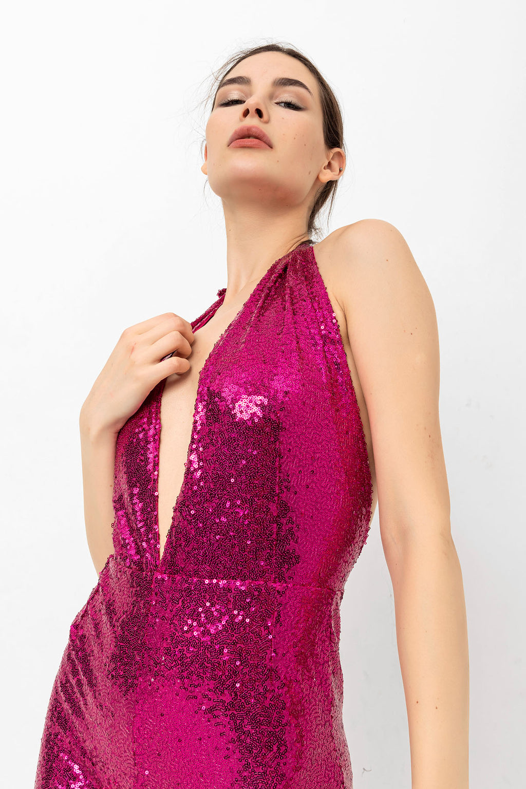 V Yaka Pul Payetli Fuşya Abiye Tulum