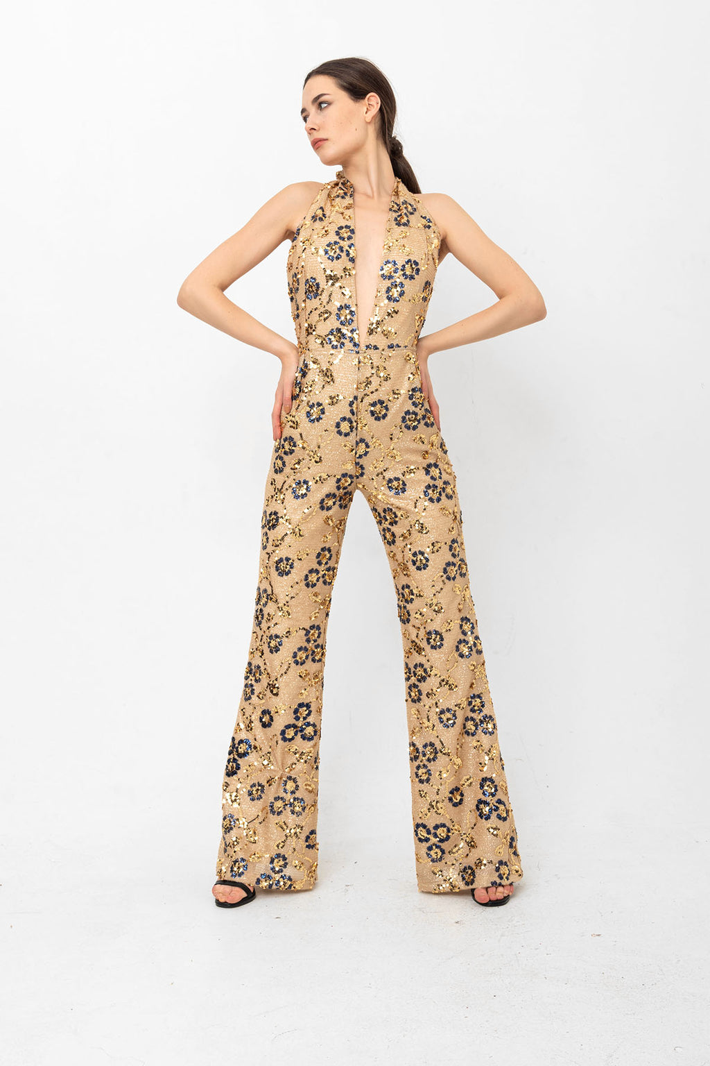 Gold Lacivert Pul Payetli Papatyalı V Yaka Abiye Tulum