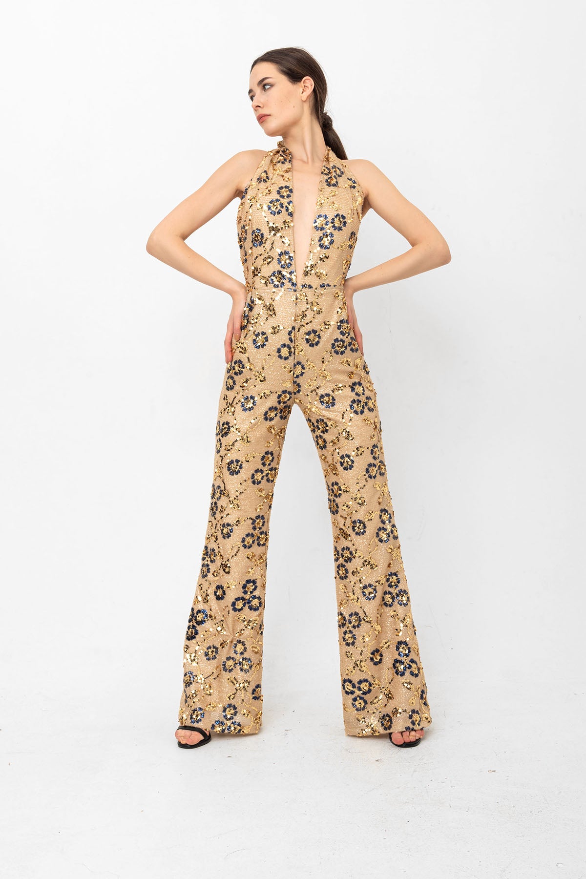 Gold Lacivert Pul Payetli Papatyalı V Yaka Abiye Tulum