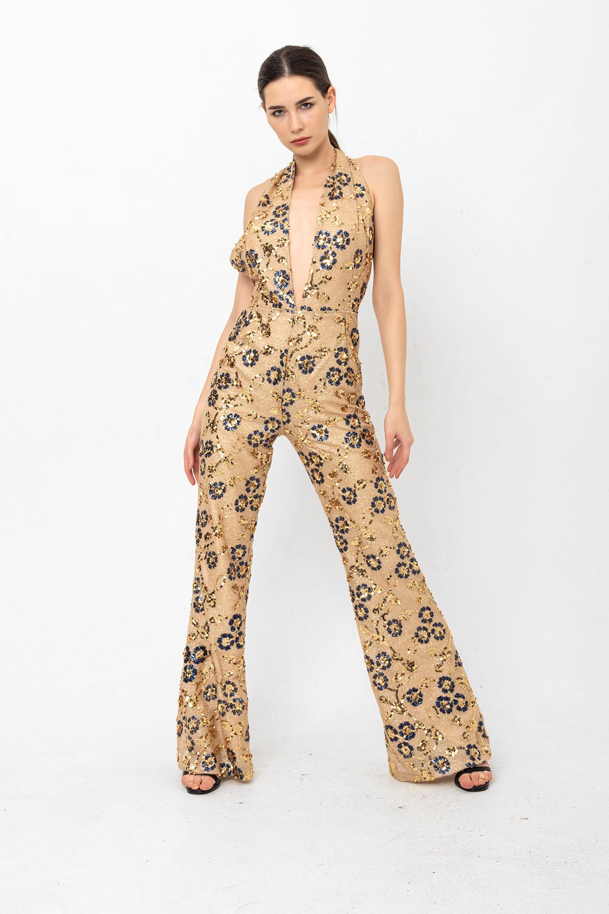 Gold Lacivert Pul Payetli Papatyalı V Yaka Abiye Tulum