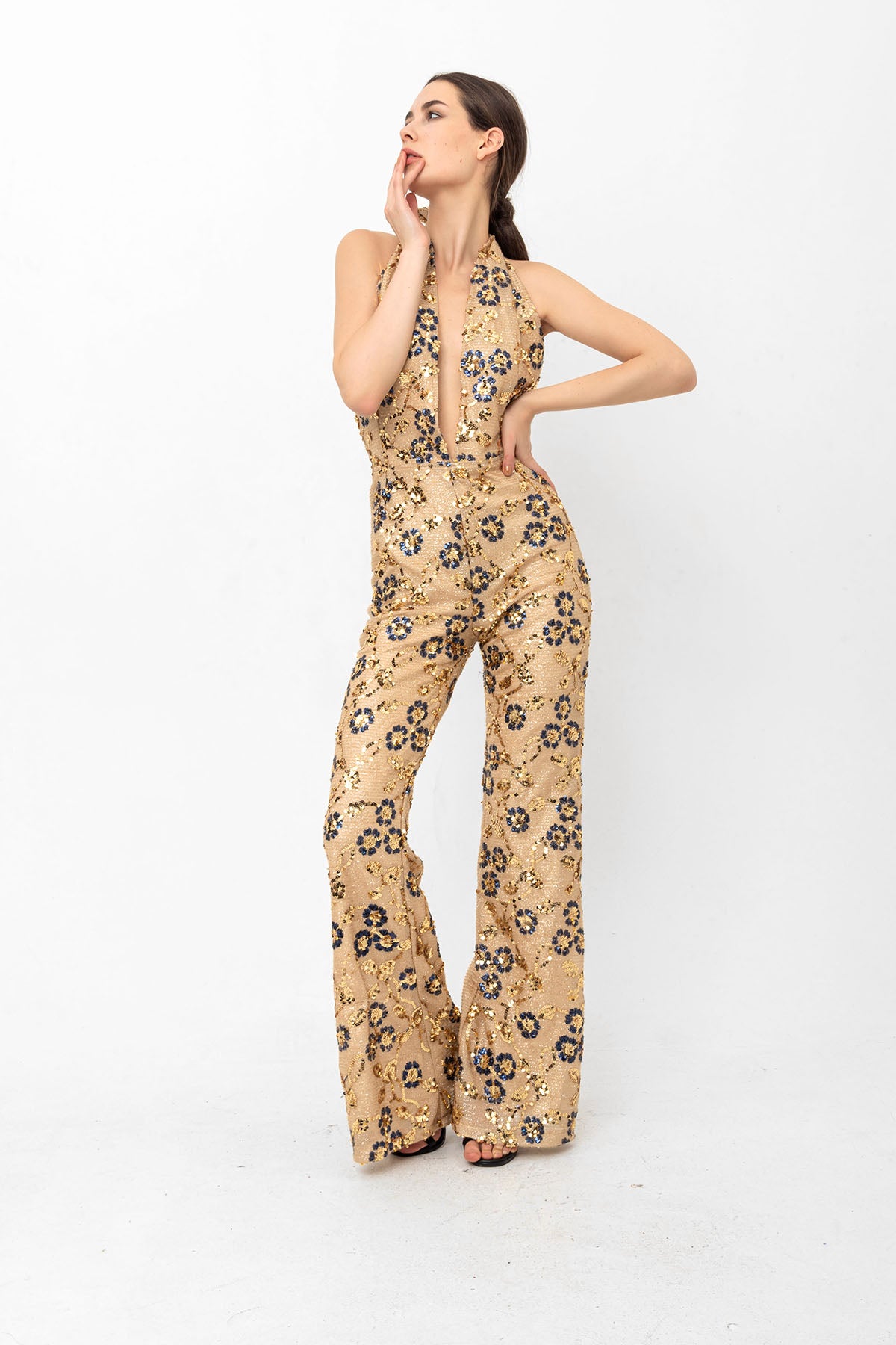 Gold Lacivert Pul Payetli Papatyalı V Yaka Abiye Tulum