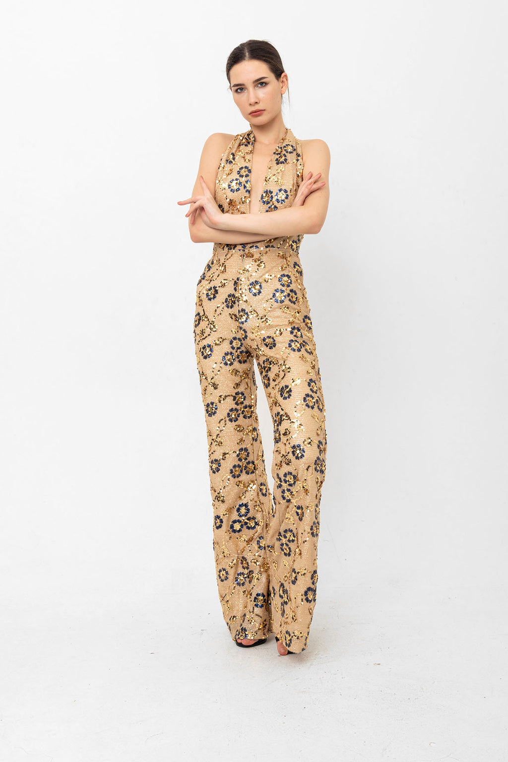 Gold Lacivert Pul Payetli Papatyalı V Yaka Abiye Tulum