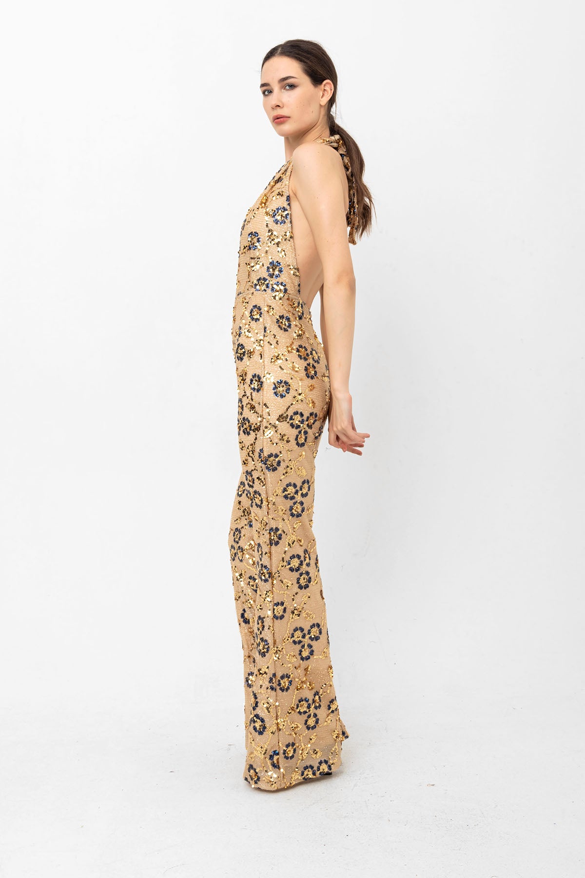 Gold Lacivert Pul Payetli Papatyalı V Yaka Abiye Tulum