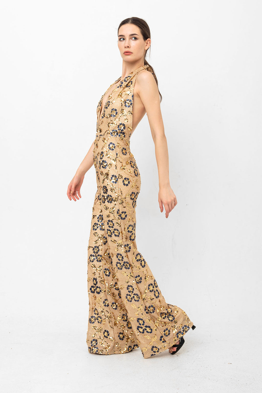 Gold Lacivert Pul Payetli Papatyalı V Yaka Abiye Tulum