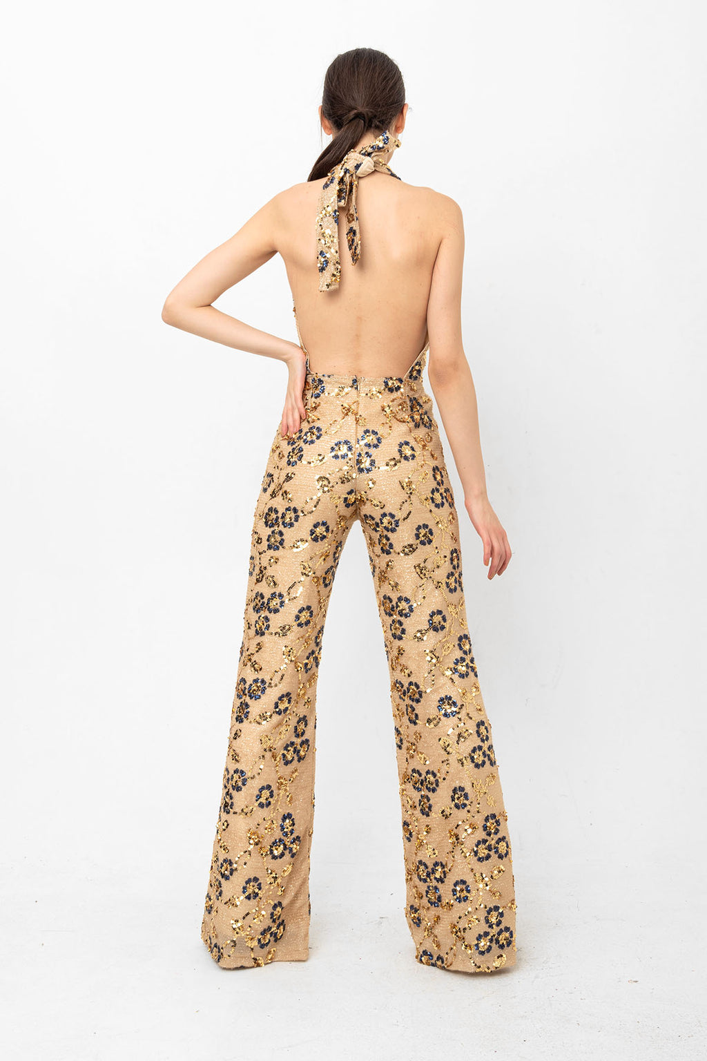 Gold Lacivert Pul Payetli Papatyalı V Yaka Abiye Tulum