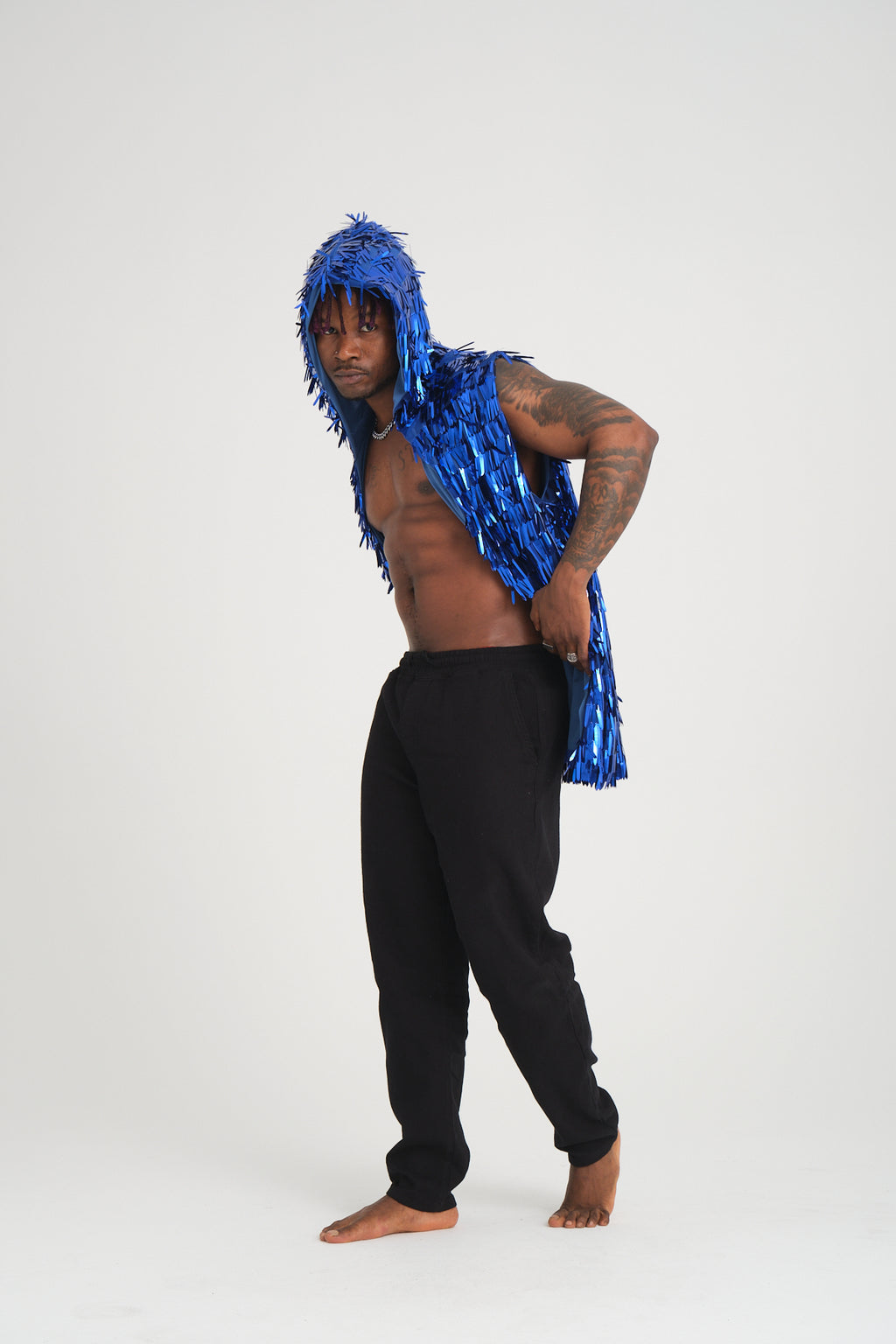 Mavi Uzun Pullu Kapüşonlu Yelek