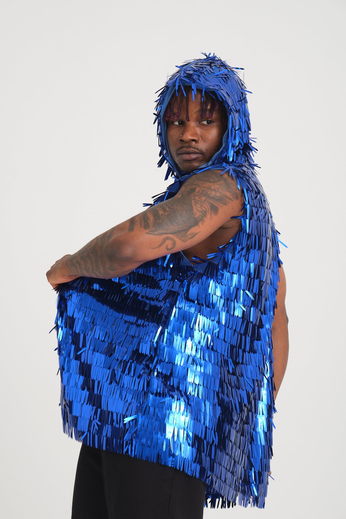 Mavi Uzun Pullu Kapüşonlu Yelek