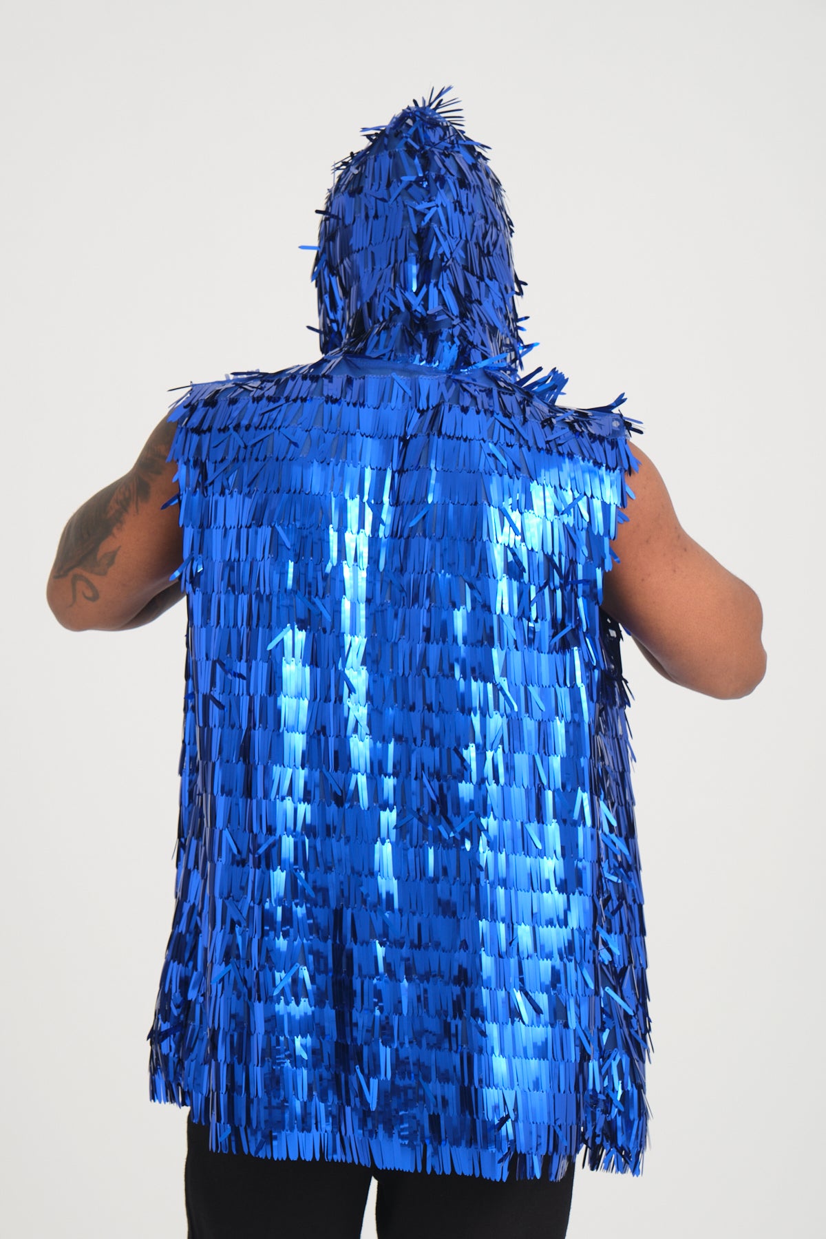 Mavi Uzun Pullu Kapüşonlu Yelek