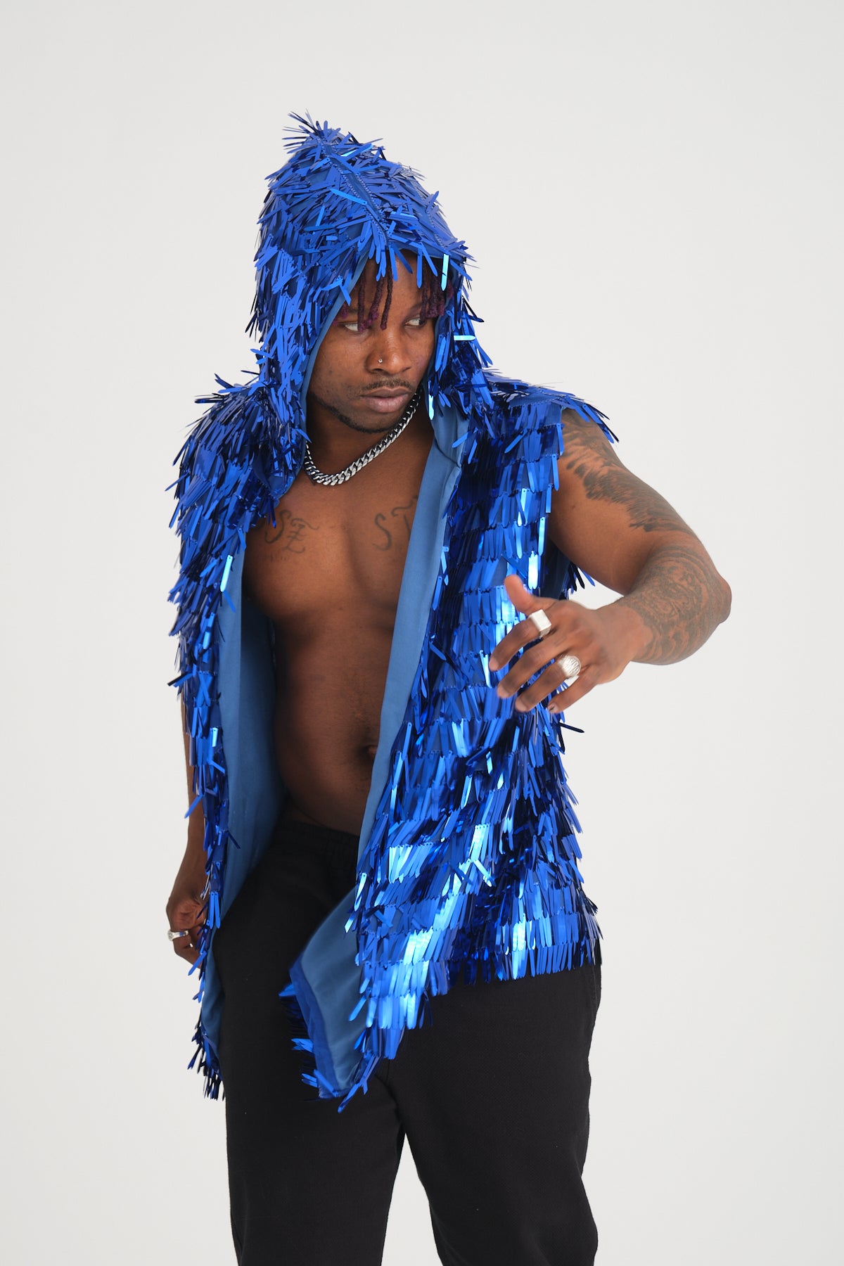 Mavi Uzun Pullu Kapüşonlu Yelek