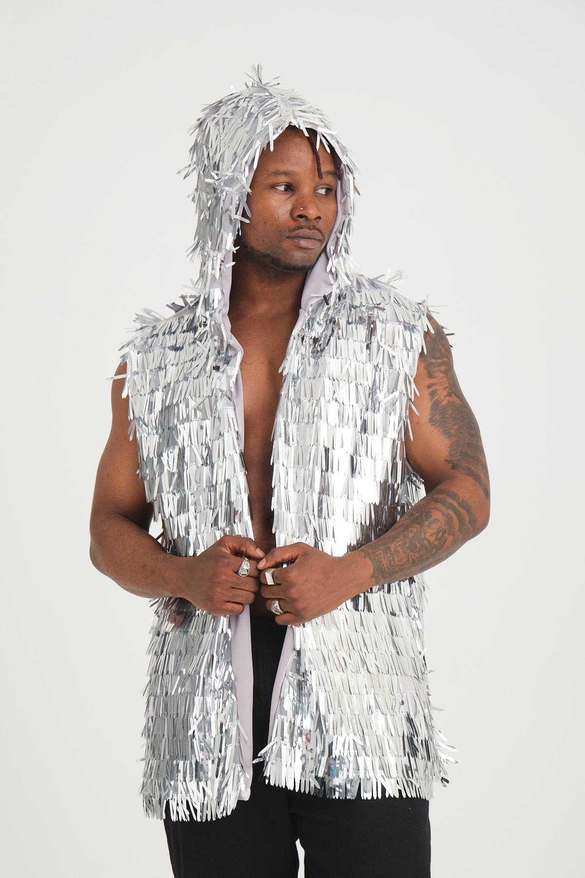 Gümüş Uzun Pullu Kapüşonlu Yelek