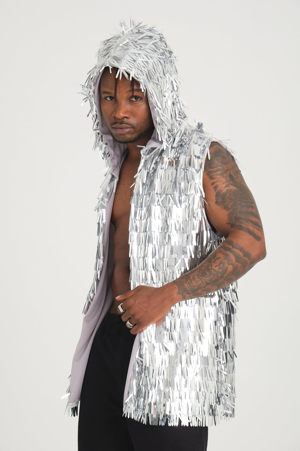 Gümüş Uzun Pullu Kapüşonlu Yelek