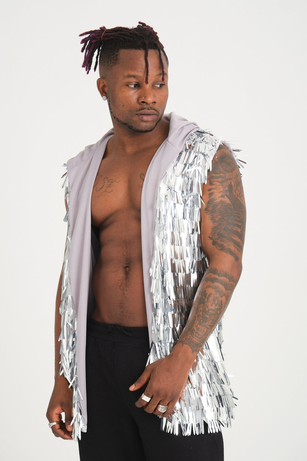 Gümüş Uzun Pullu Kapüşonlu Yelek