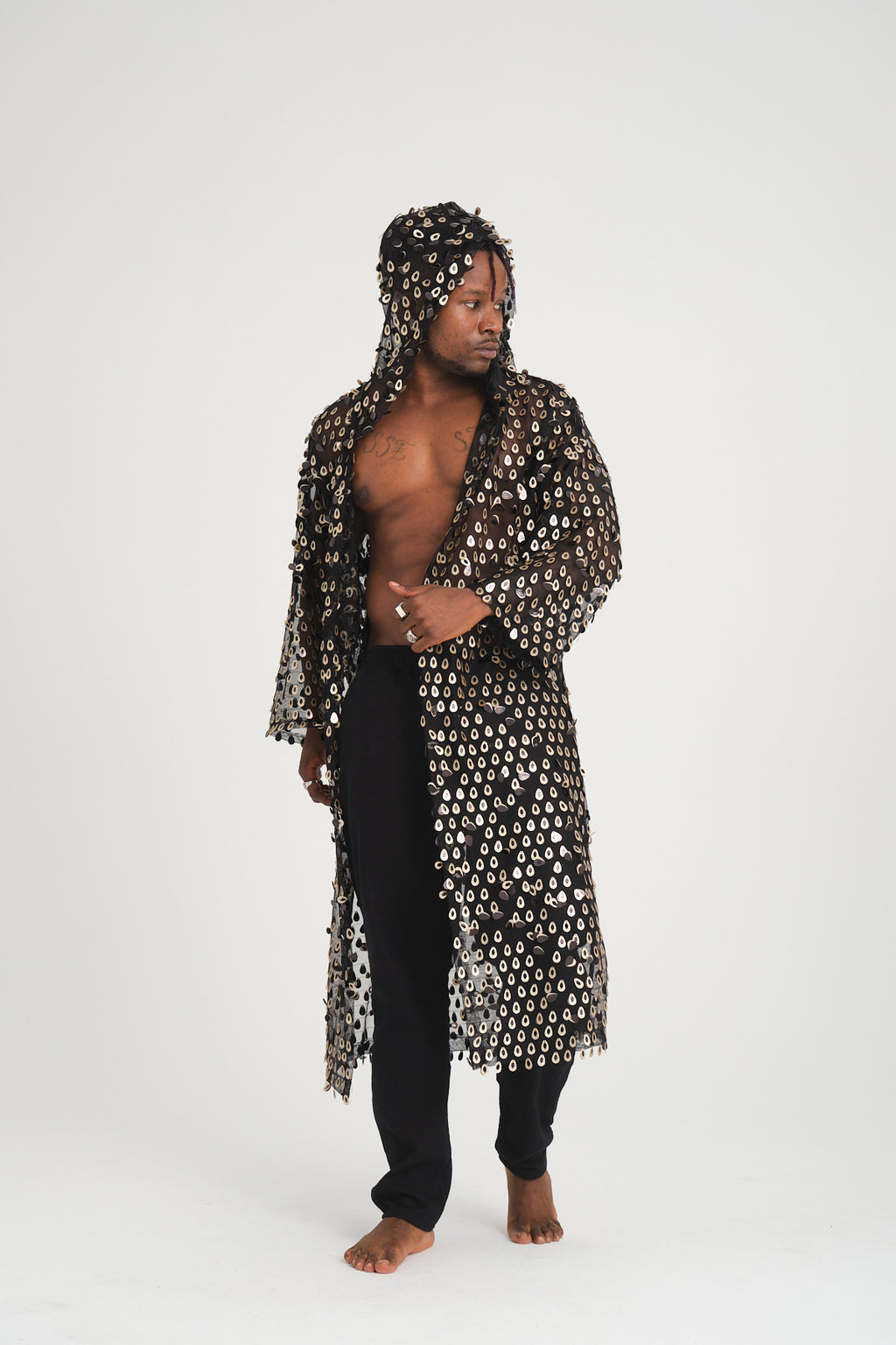 Payetli Gold Damla Pullu Siyah Uzun Kimono