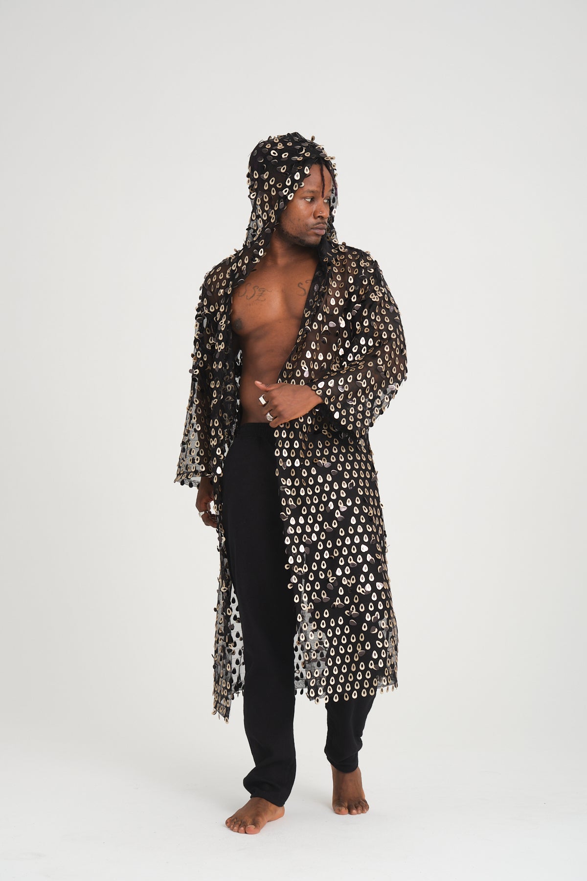 Payetli Gold Damla Pullu Siyah Uzun Kimono