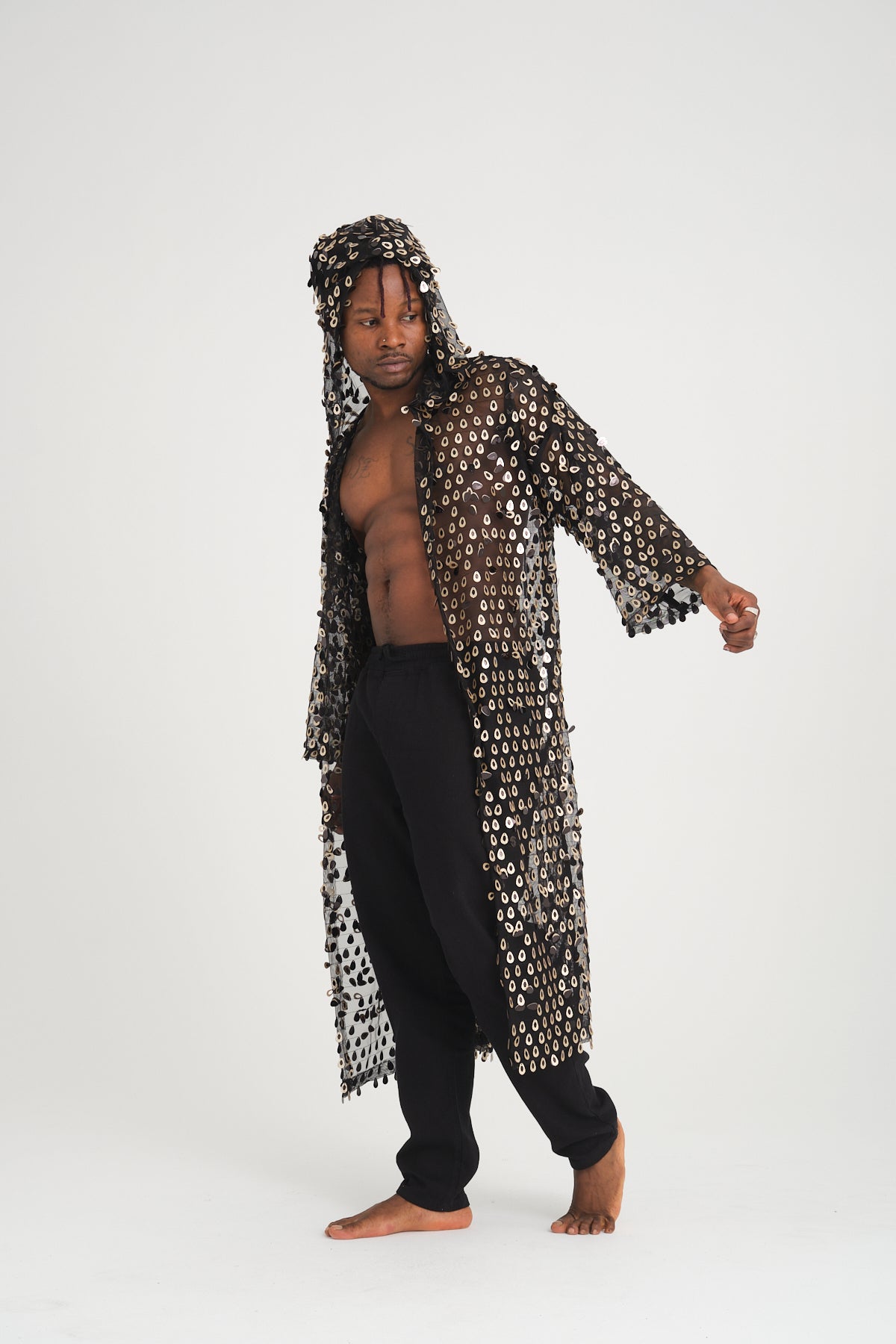 Payetli Gold Damla Pullu Siyah Uzun Kimono