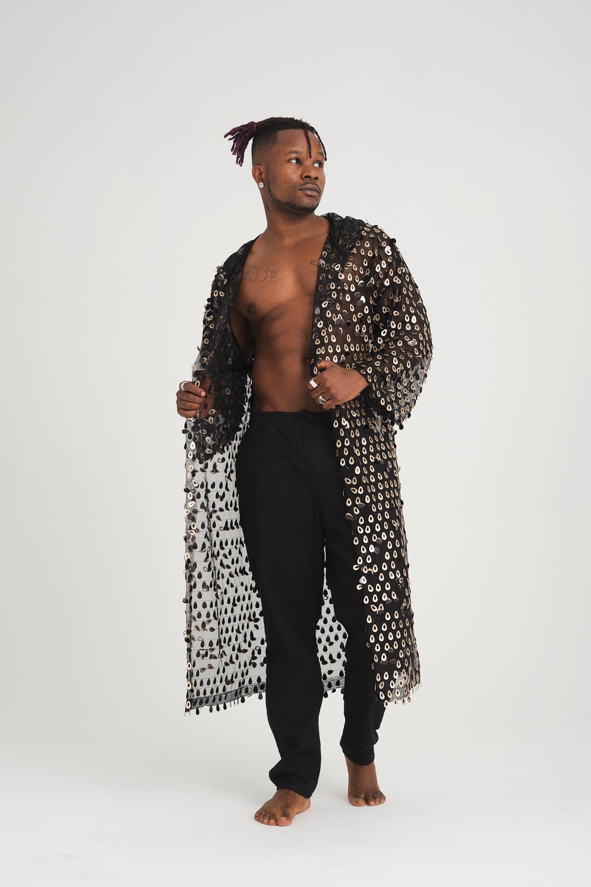 Payetli Gold Damla Pullu Siyah Uzun Kimono