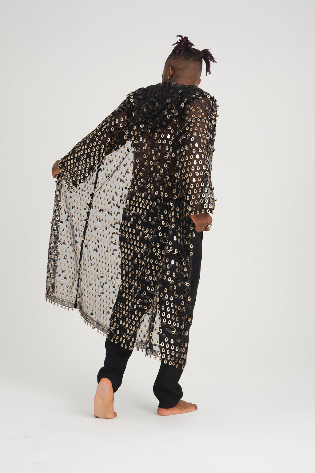 Payetli Gold Damla Pullu Siyah Uzun Kimono