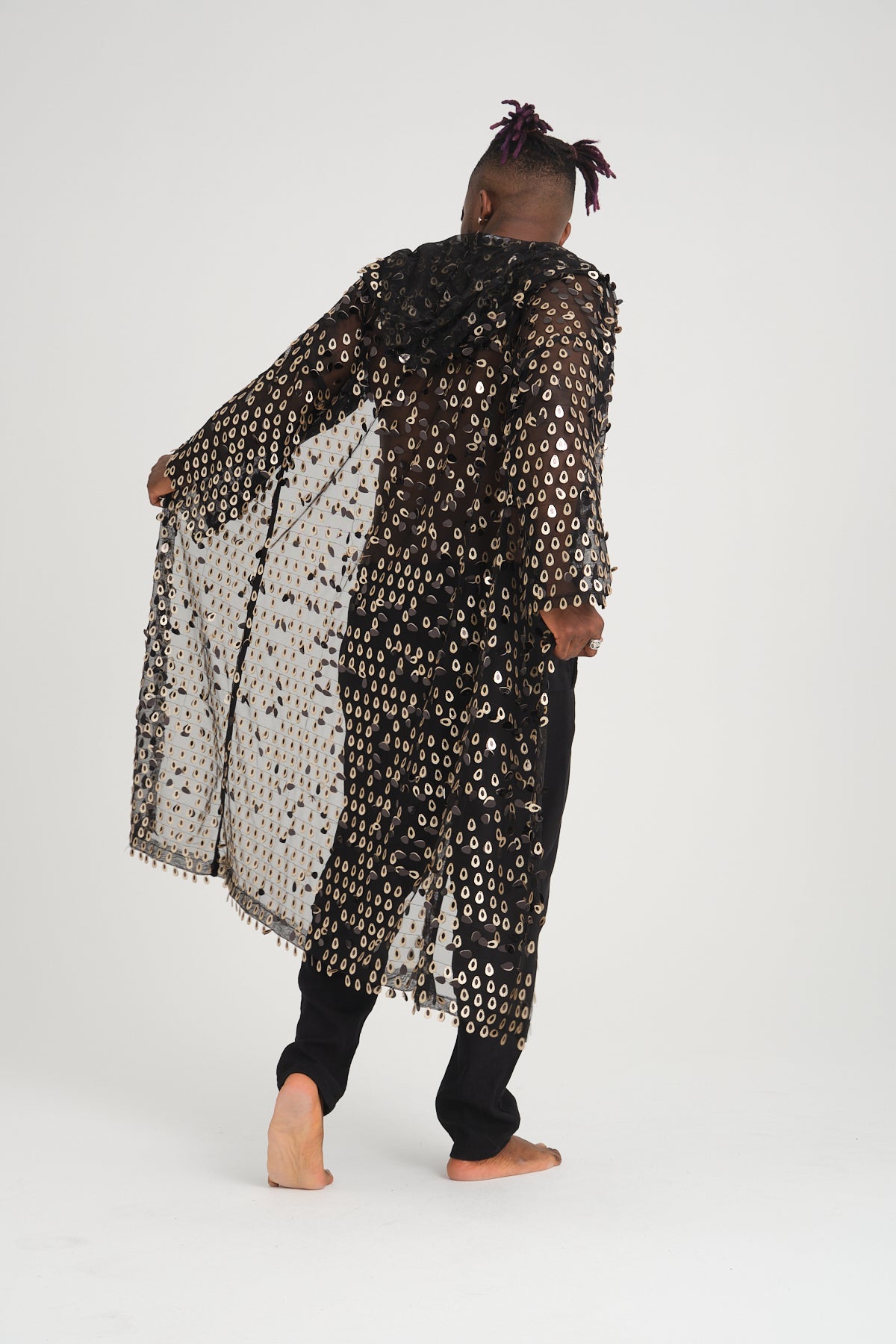 Payetli Gold Damla Pullu Siyah Uzun Kimono