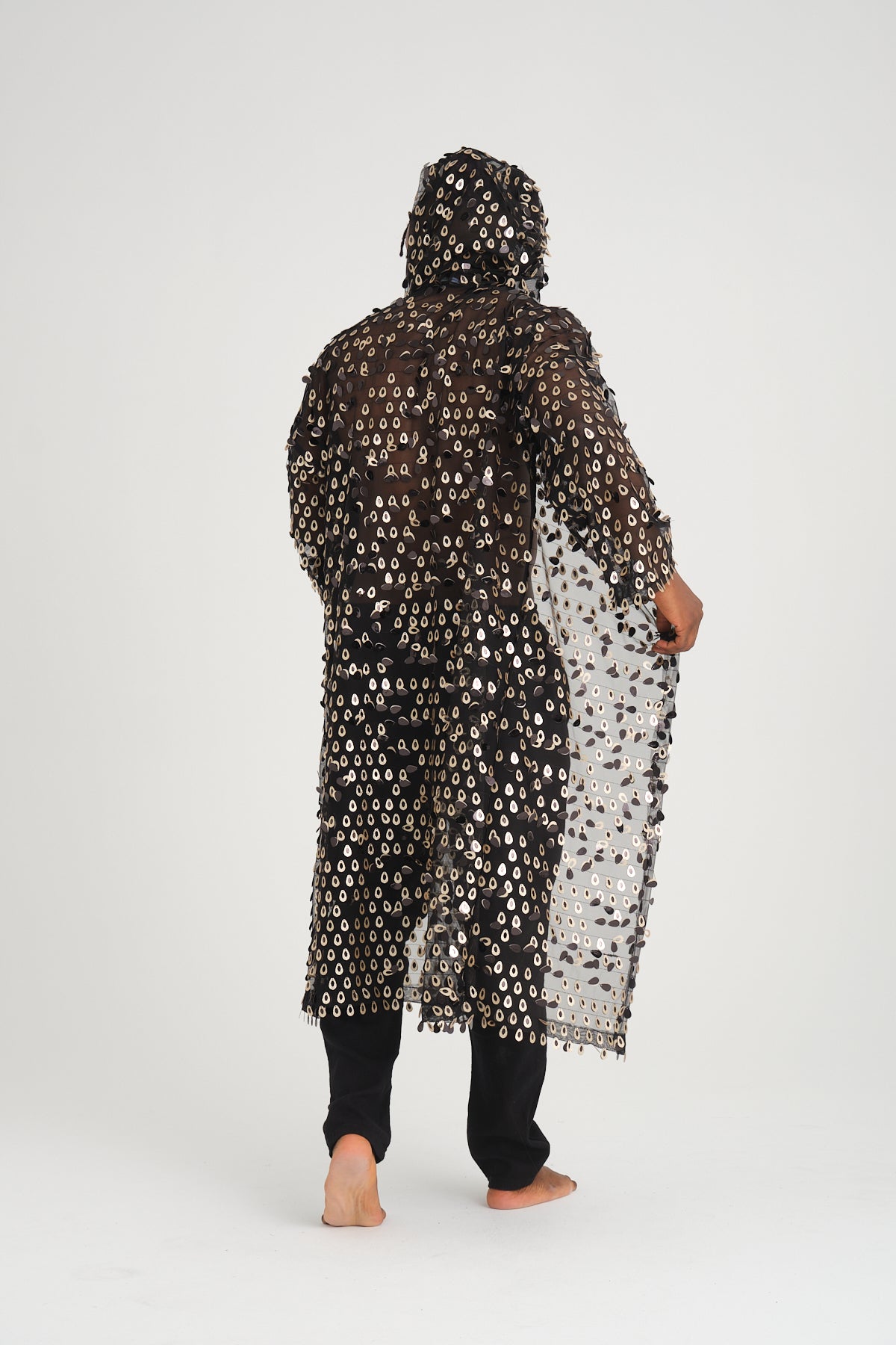 Payetli Gold Damla Pullu Siyah Uzun Kimono