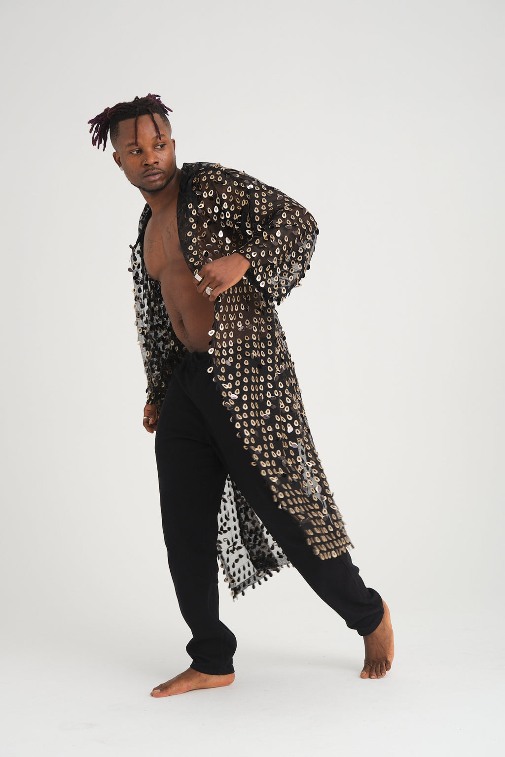 Payetli Gold Damla Pullu Siyah Uzun Kimono