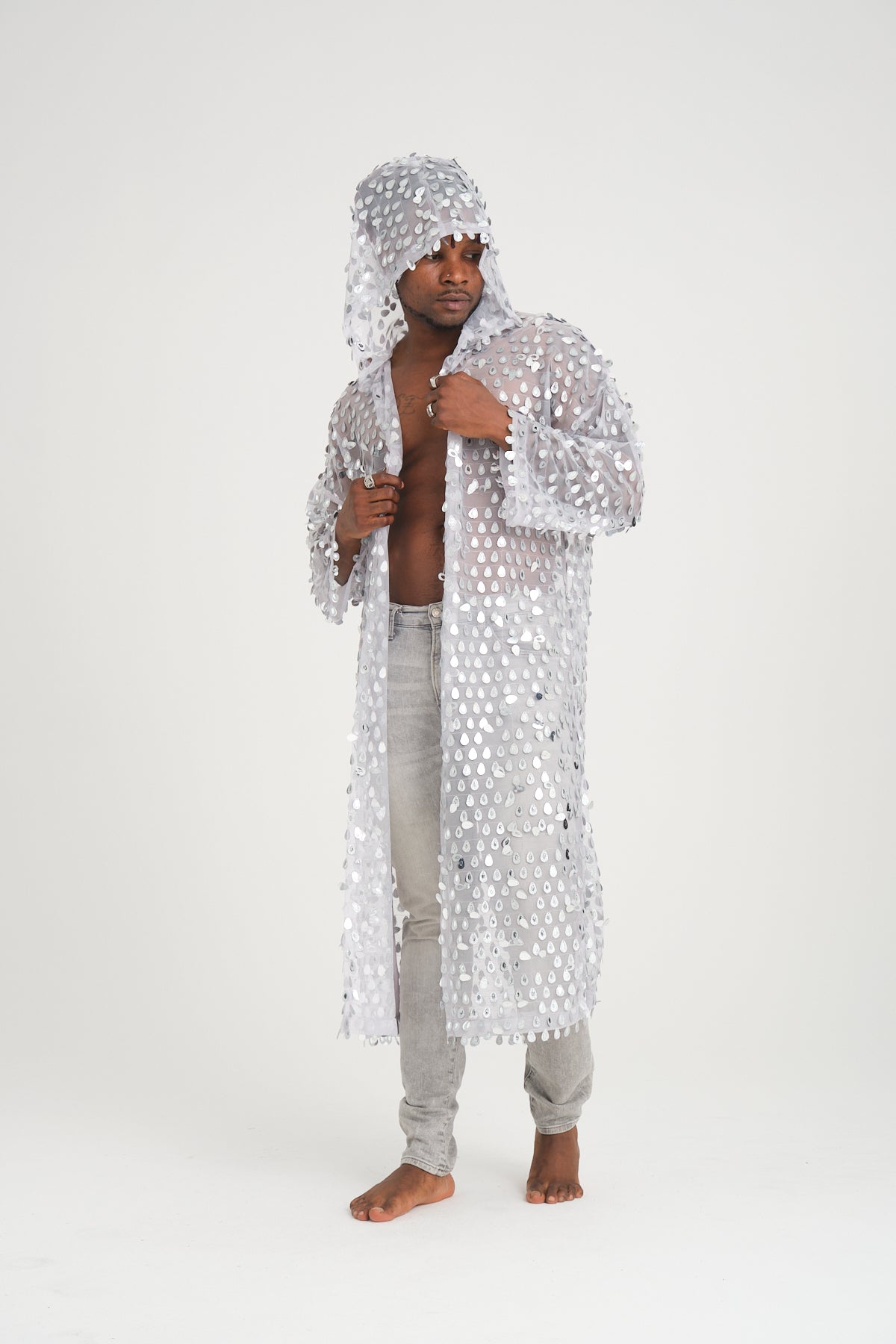Payetli Gümüş Damla Pullu Gri Uzun Kimono