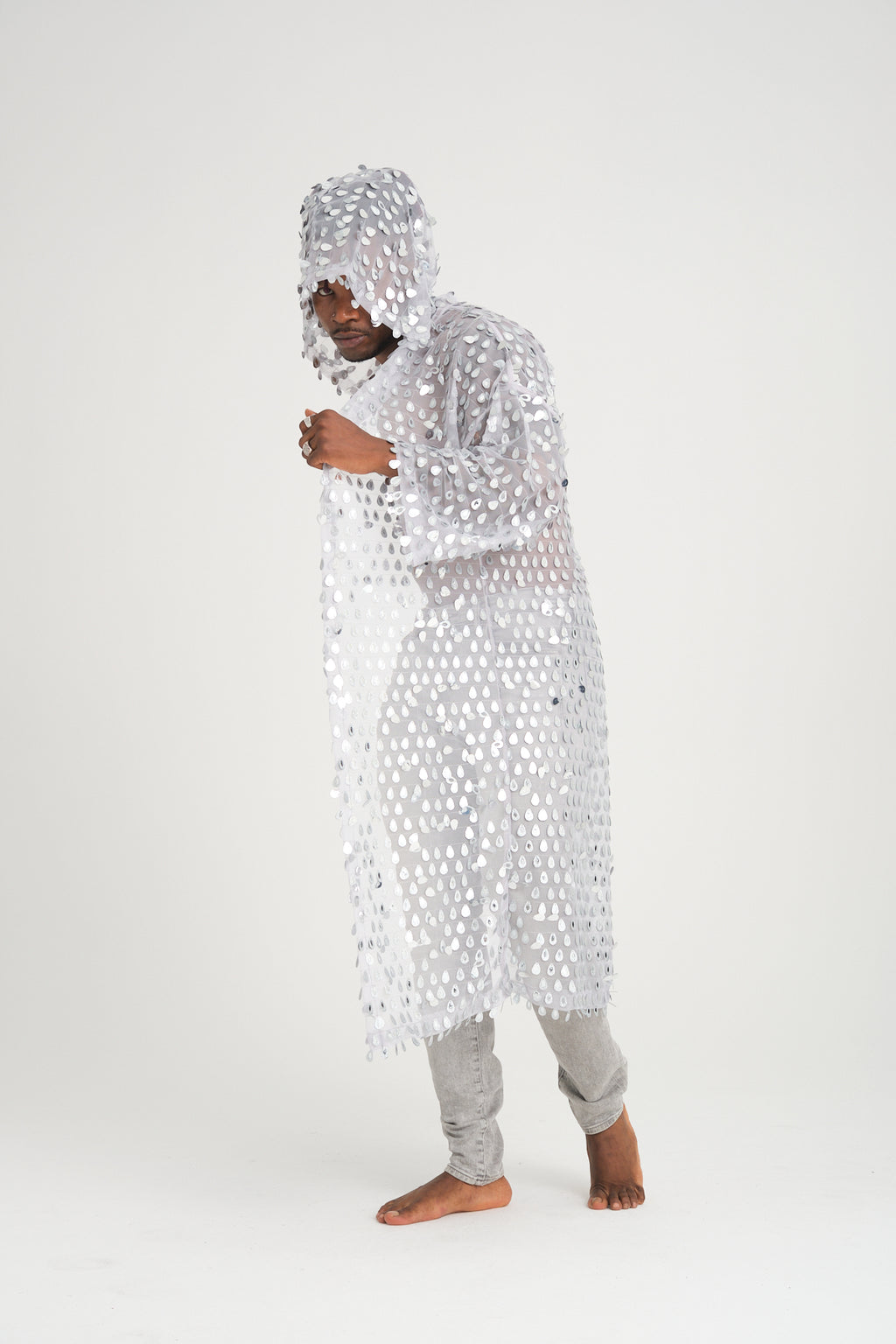 Payetli Gümüş Damla Pullu Gri Uzun Kimono