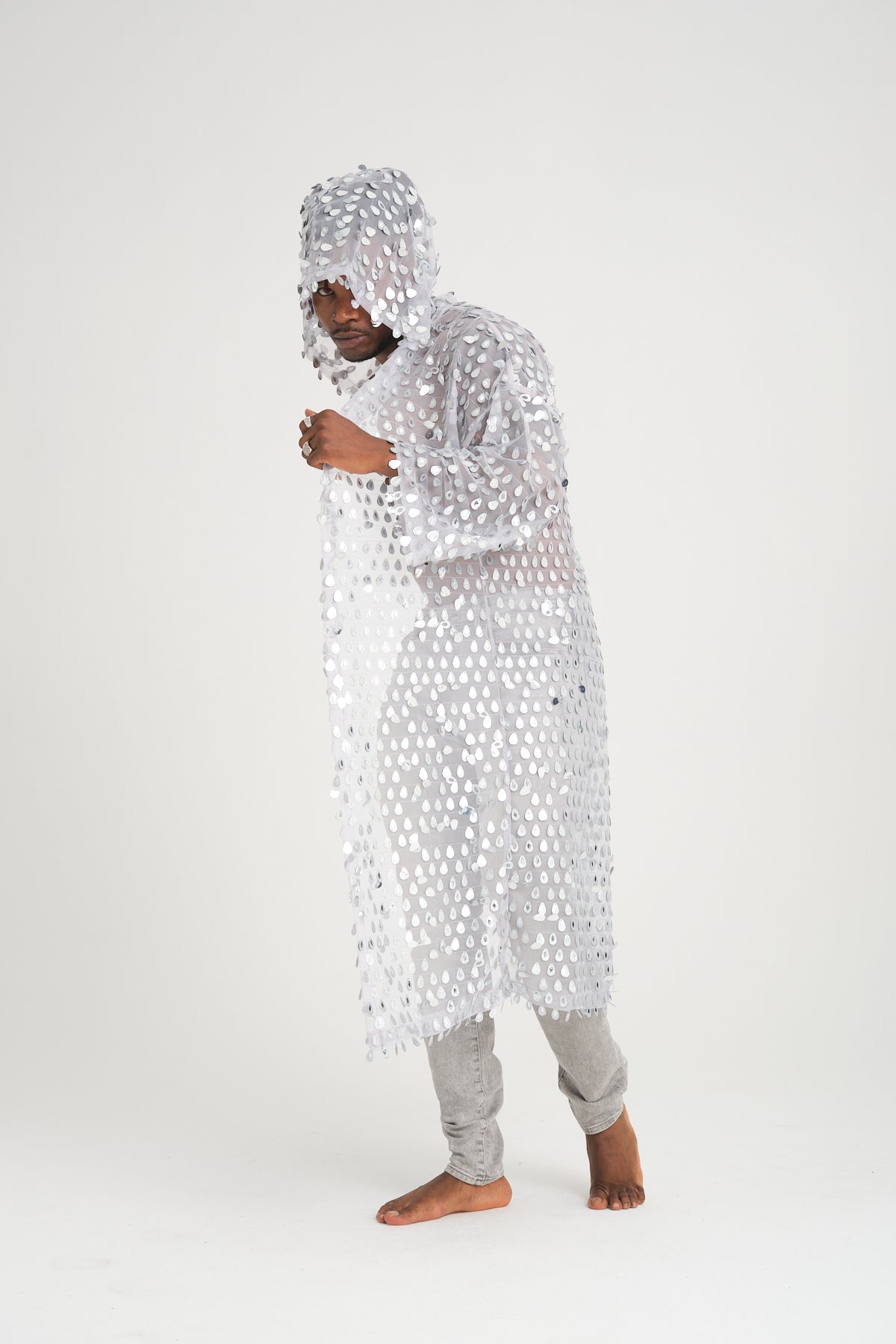 Payetli Gümüş Damla Pullu Gri Uzun Kimono