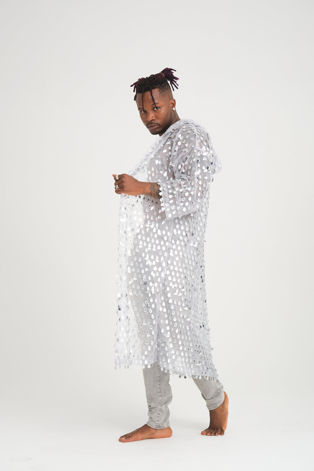 Payetli Gümüş Damla Pullu Gri Uzun Kimono