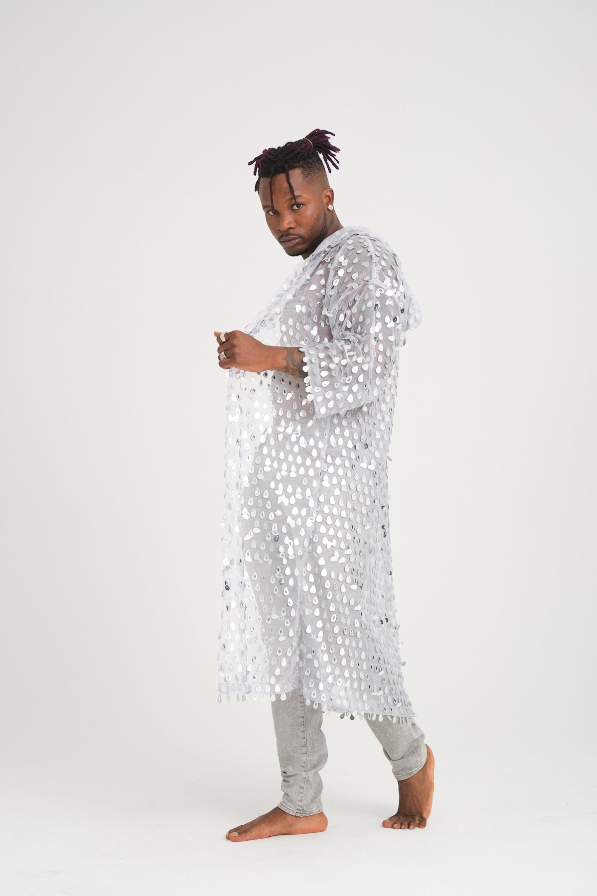 Payetli Gümüş Damla Pullu Gri Uzun Kimono