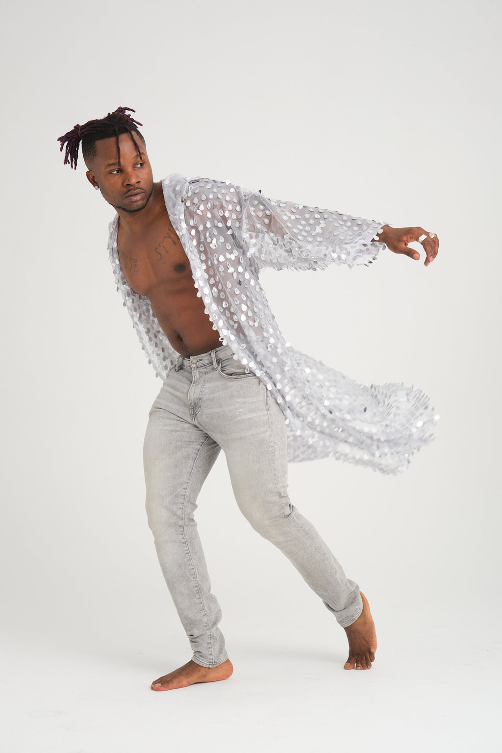 Payetli Gümüş Damla Pullu Gri Uzun Kimono