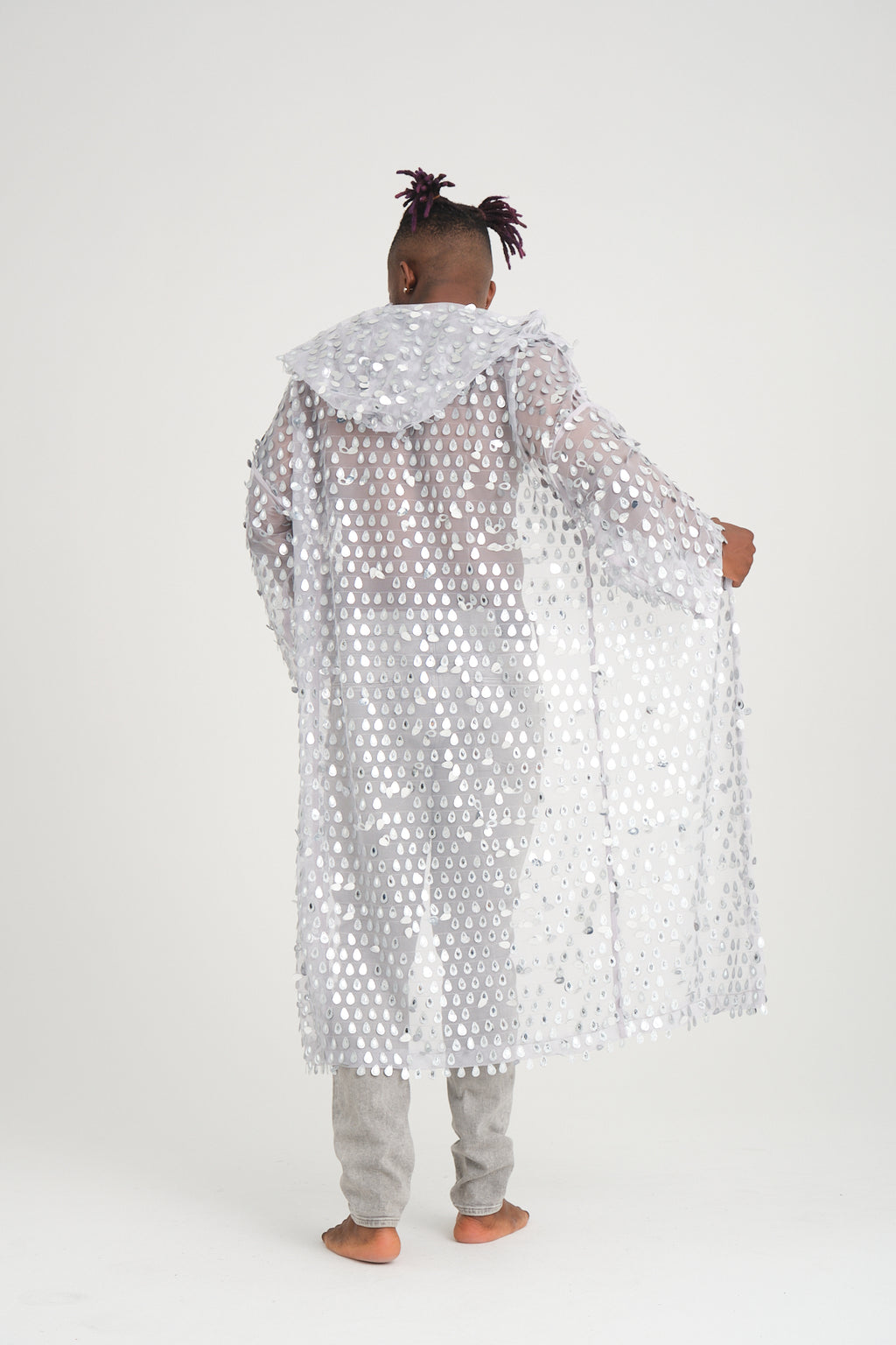 Payetli Gümüş Damla Pullu Gri Uzun Kimono