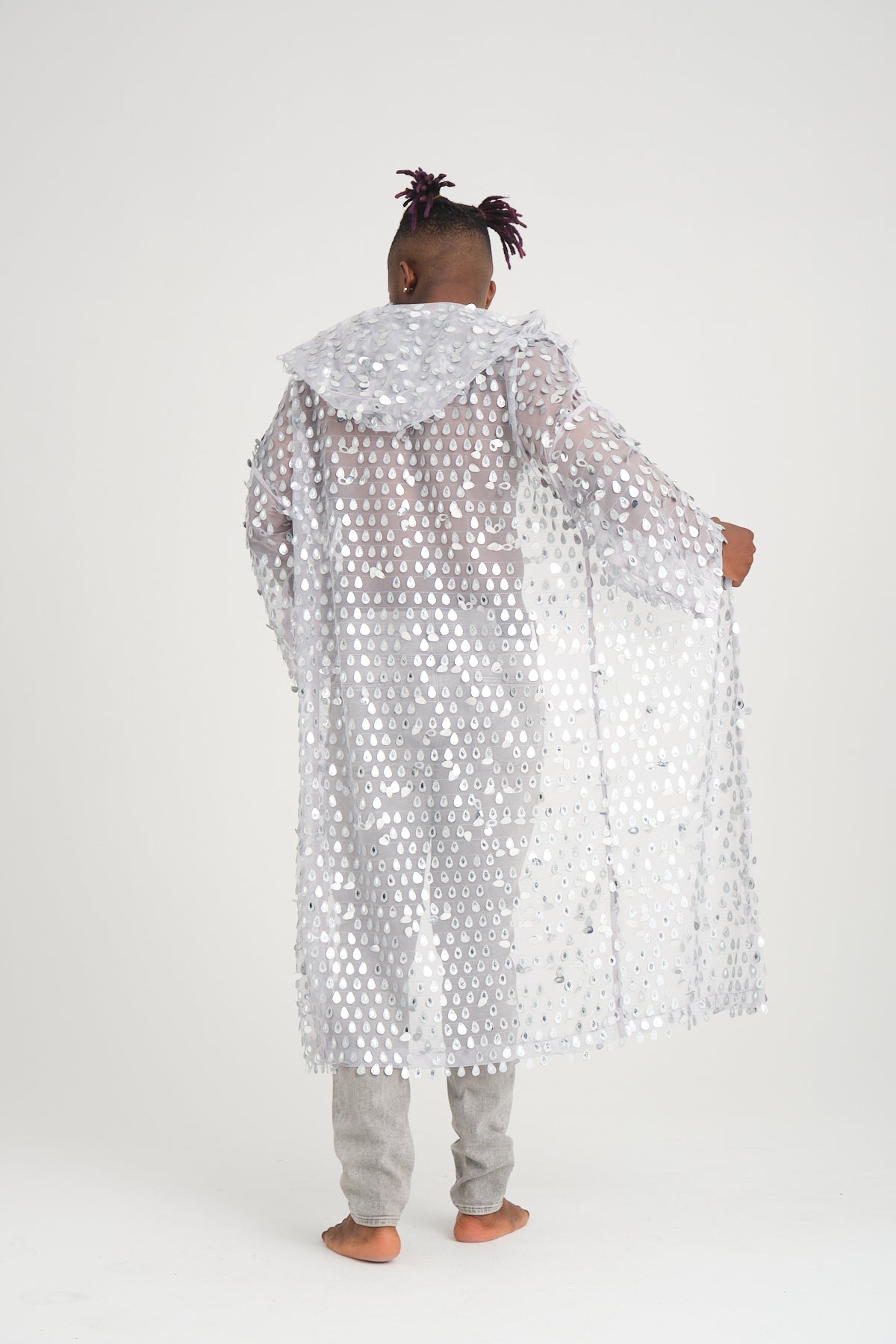 Payetli Gümüş Damla Pullu Gri Uzun Kimono