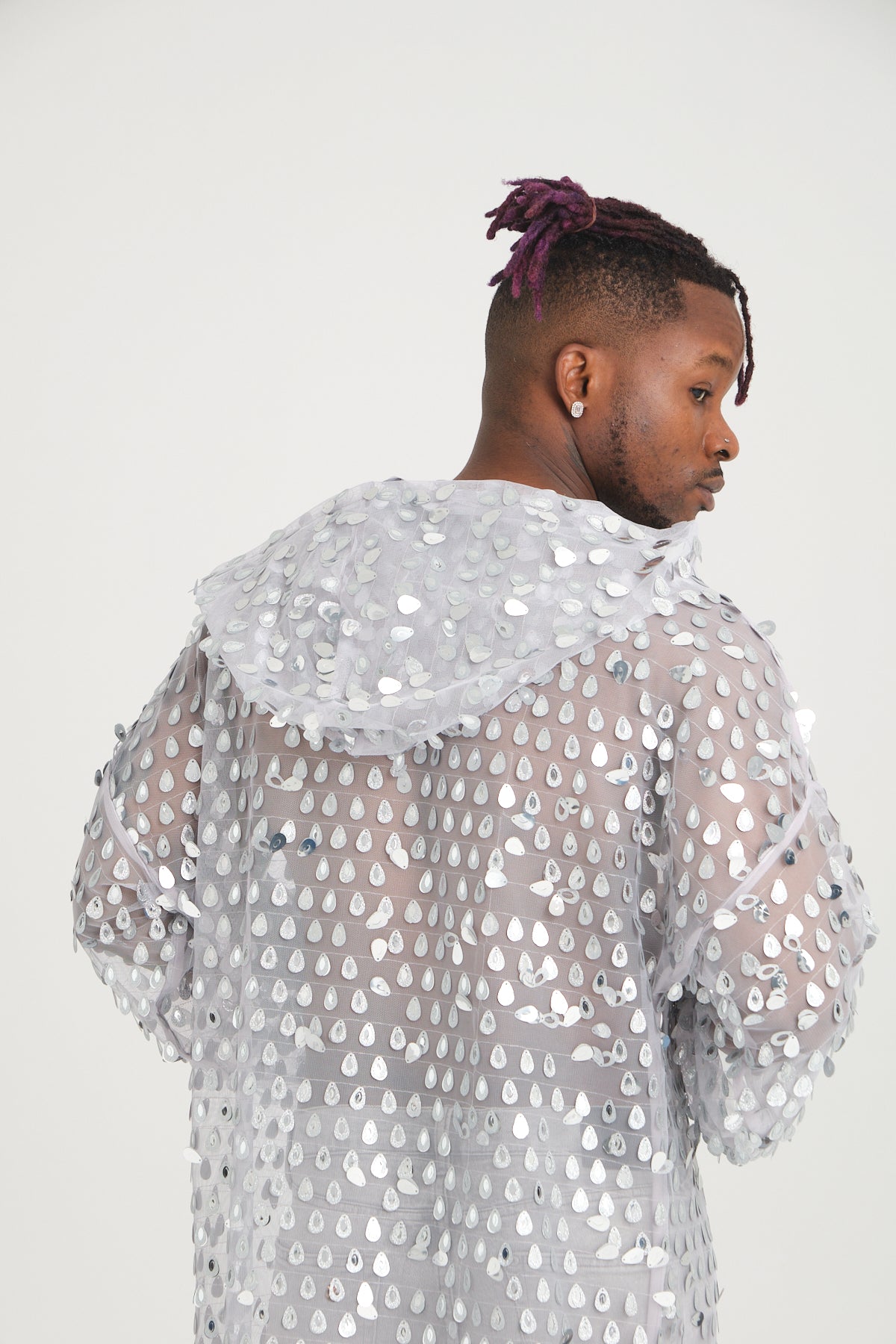 Payetli Gümüş Damla Pullu Gri Uzun Kimono