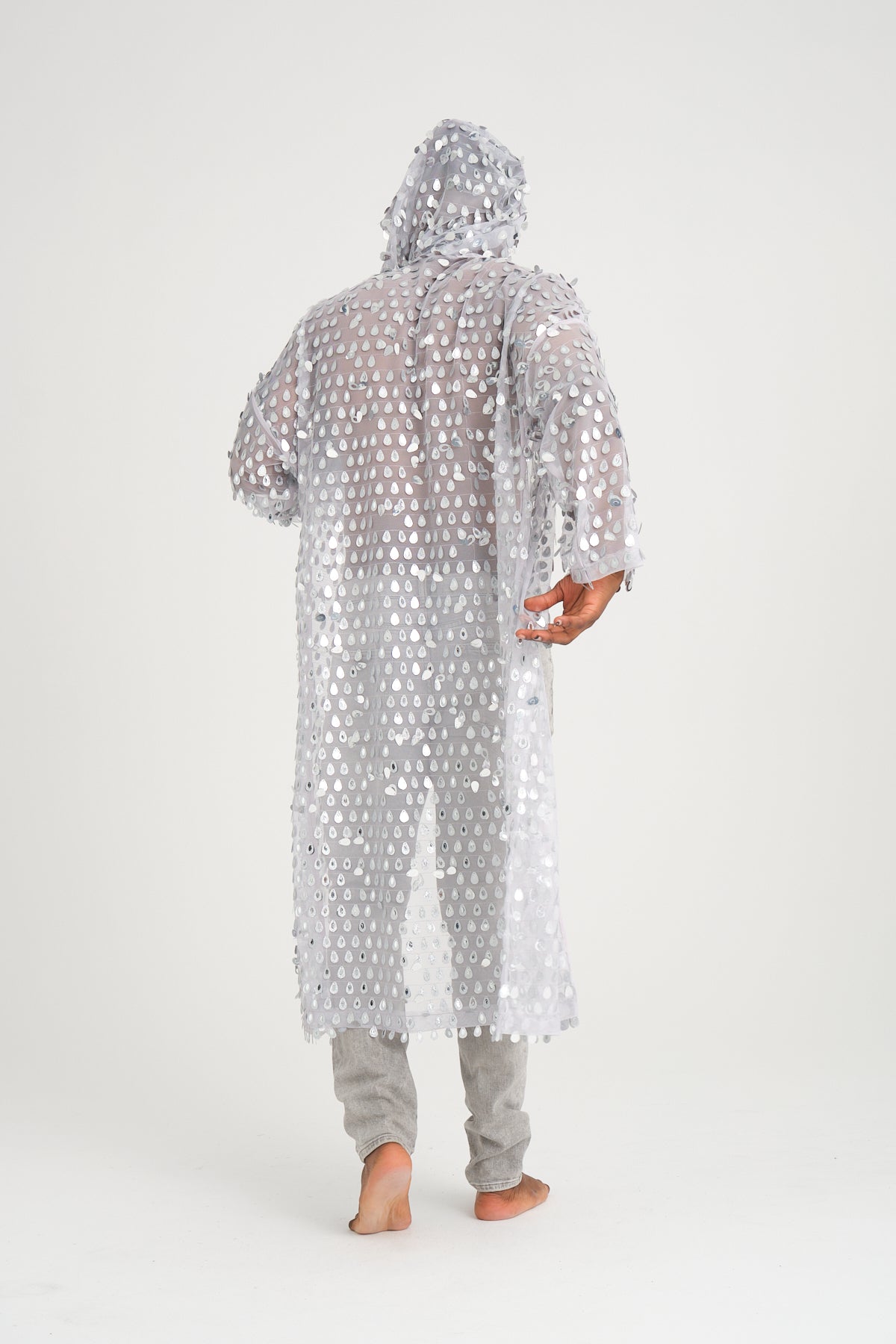 Payetli Gümüş Damla Pullu Gri Uzun Kimono