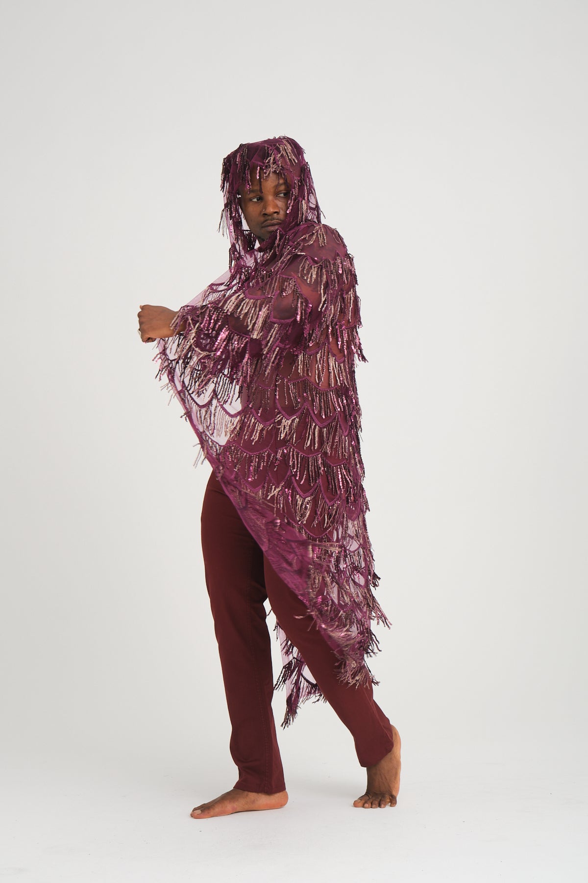 Pul Payetli Püsküllü Mor Uzun Kimono