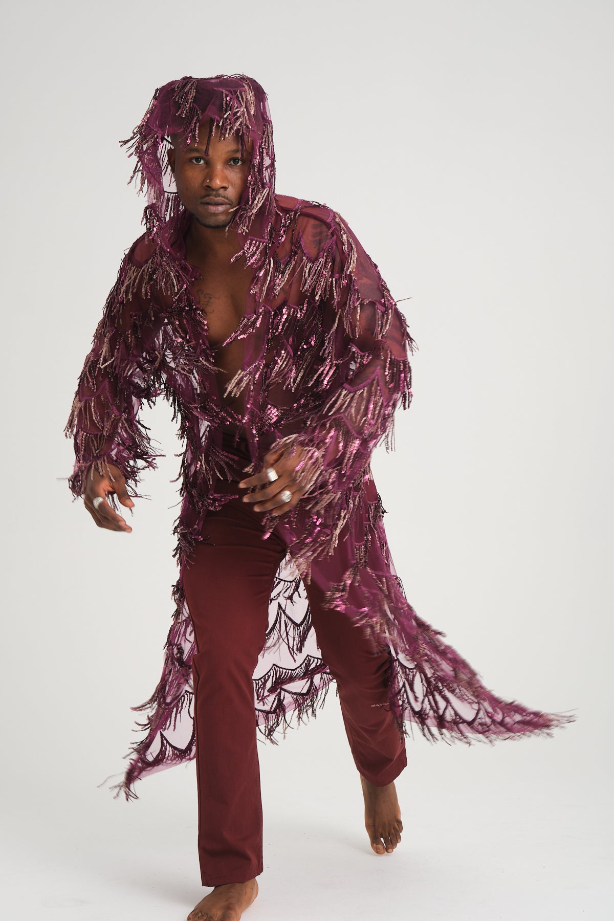 Pul Payetli Püsküllü Mor Uzun Kimono