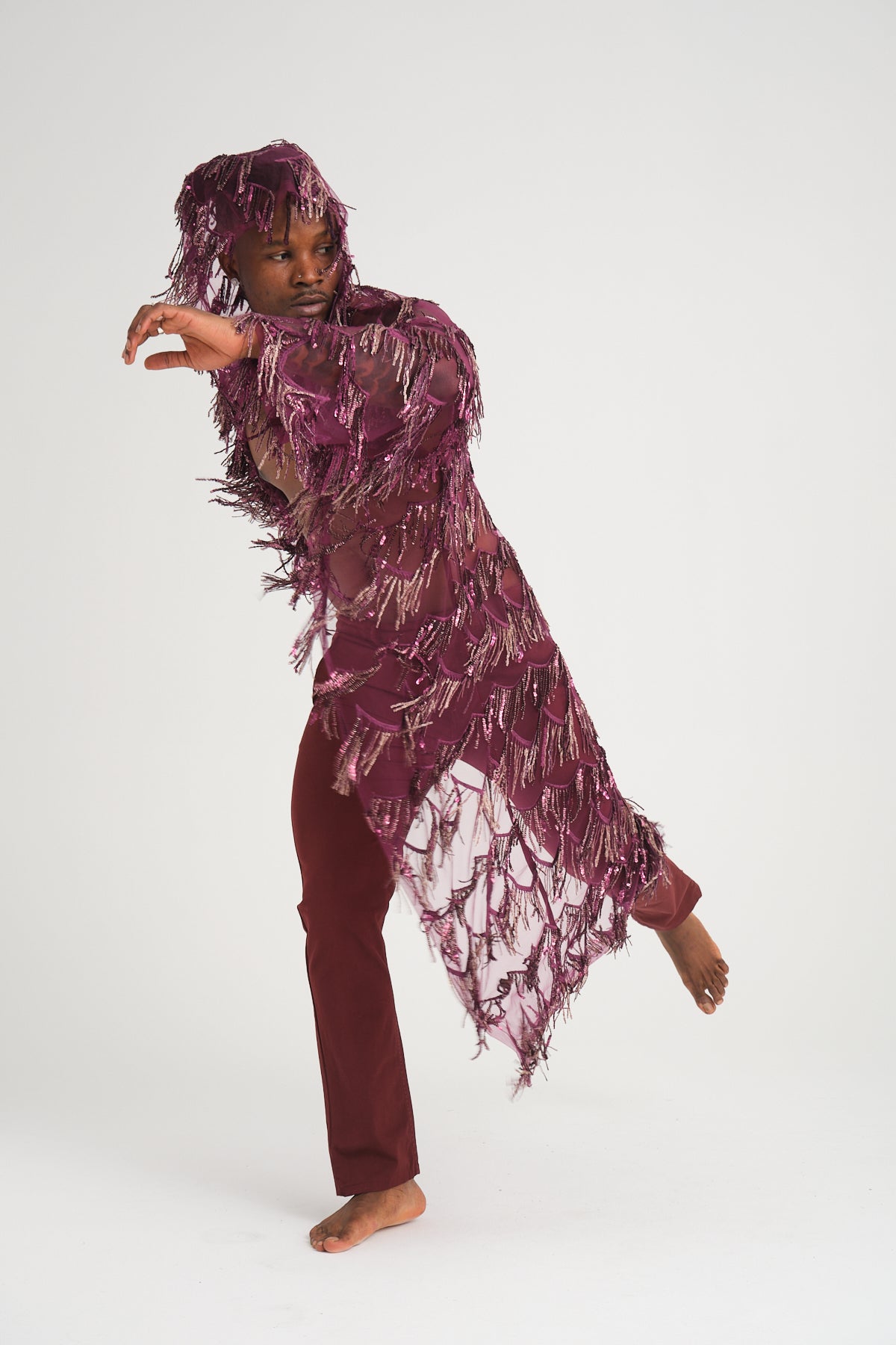 Pul Payetli Püsküllü Mor Uzun Kimono