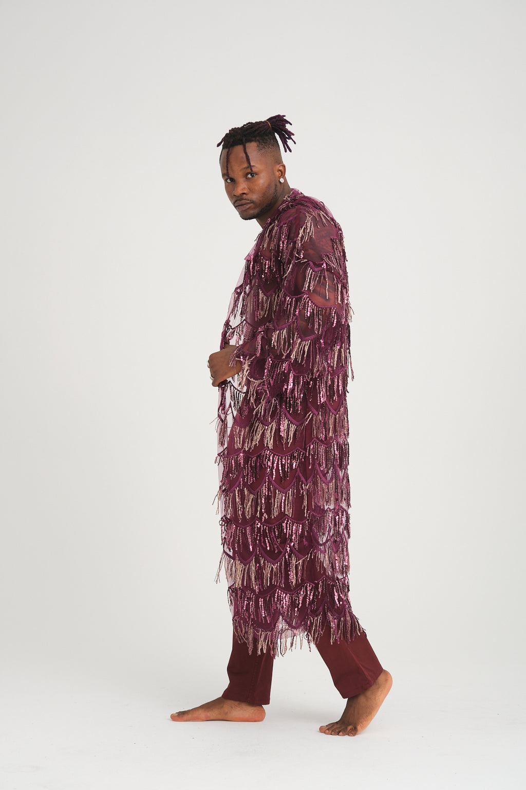 Pul Payetli Püsküllü Mor Uzun Kimono