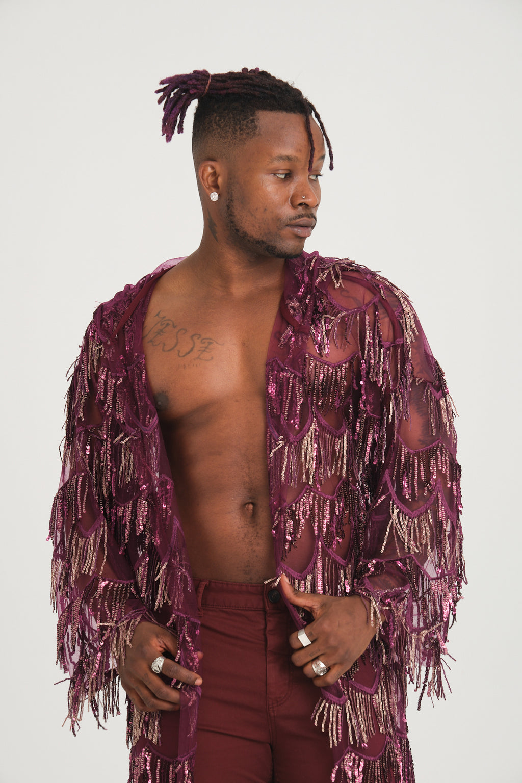 Pul Payetli Püsküllü Mor Uzun Kimono