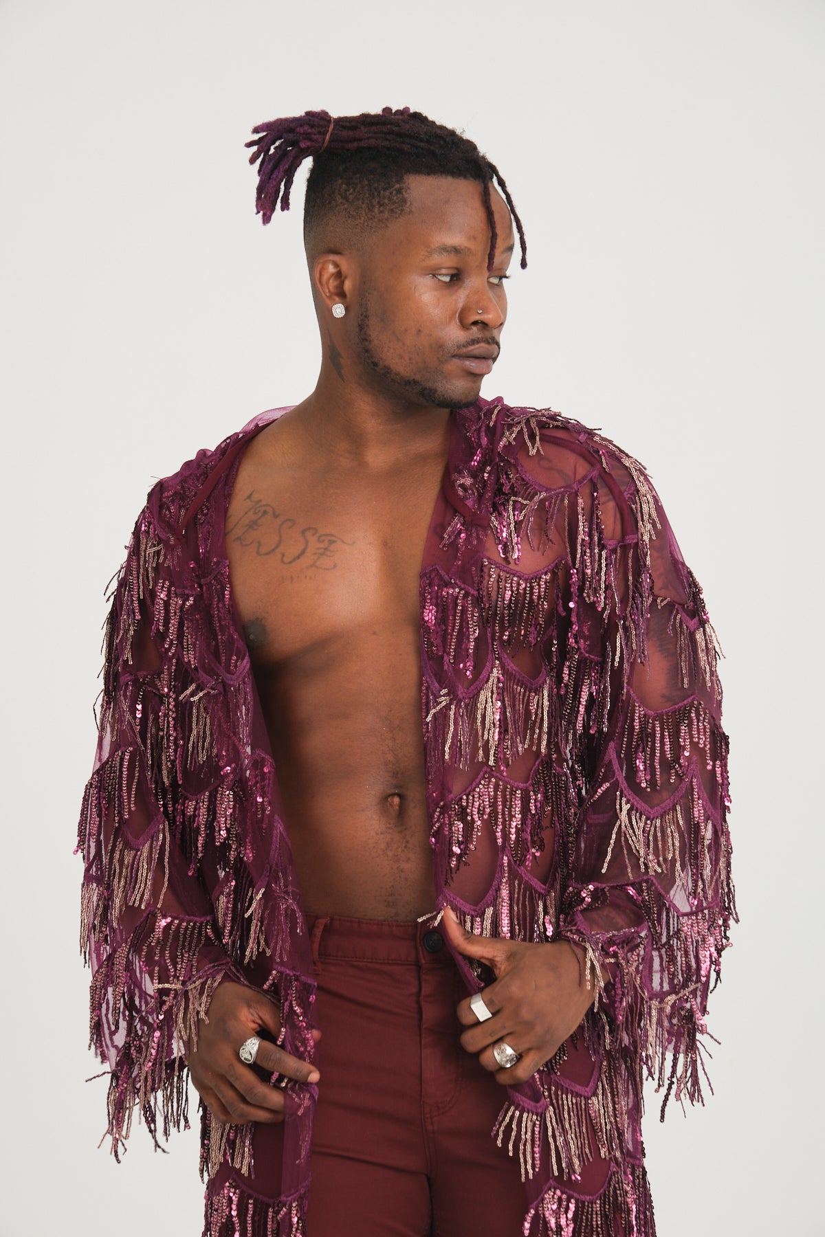 Pul Payetli Püsküllü Mor Uzun Kimono