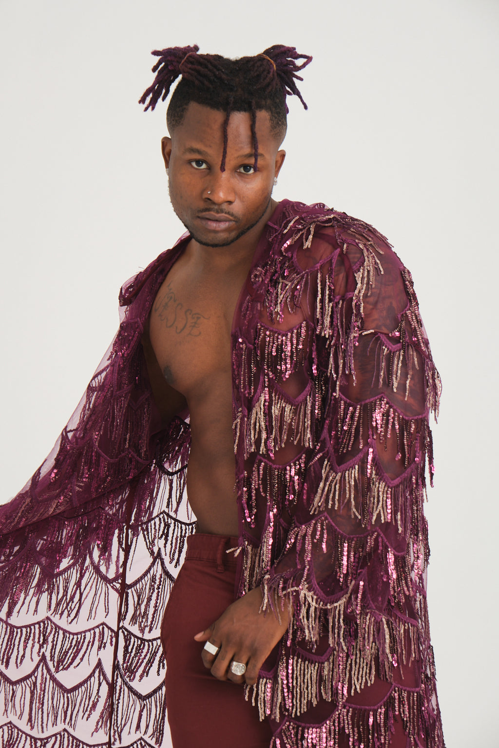 Pul Payetli Püsküllü Mor Uzun Kimono