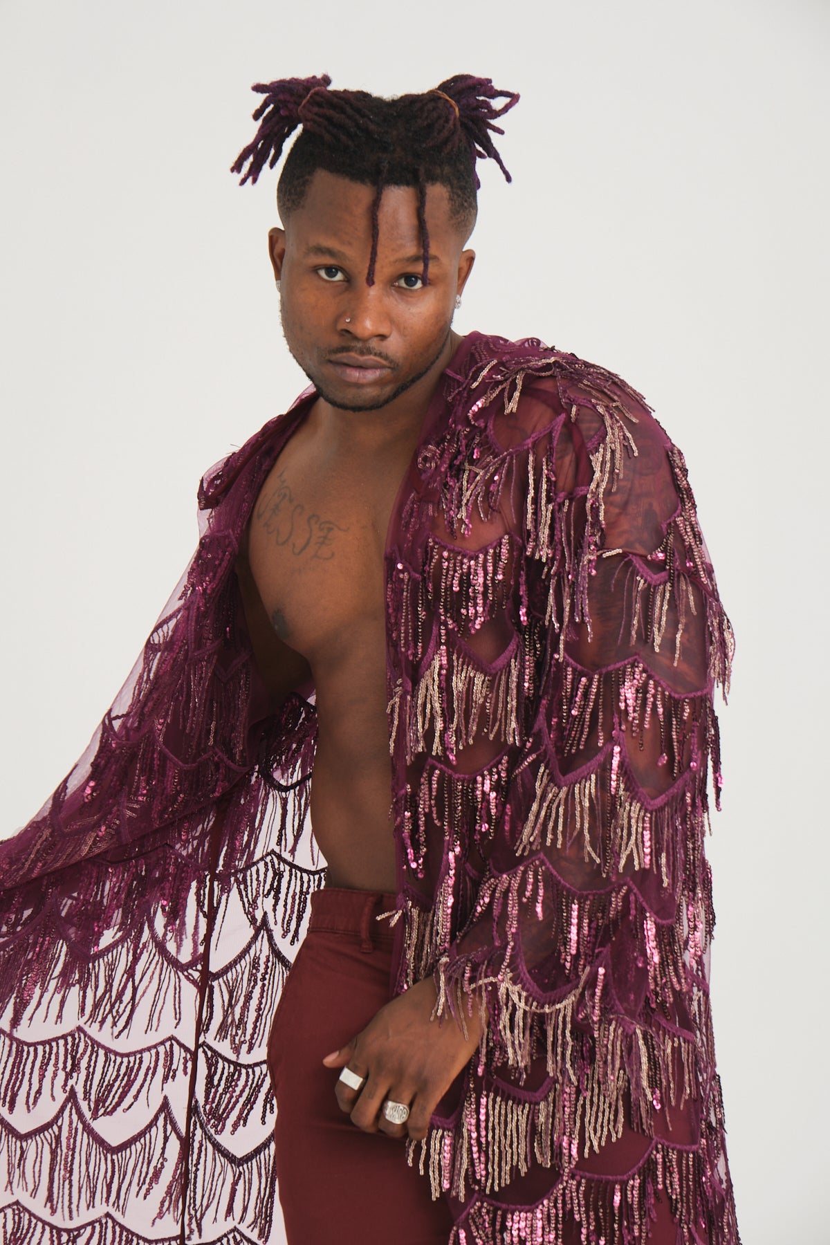 Pul Payetli Püsküllü Mor Uzun Kimono